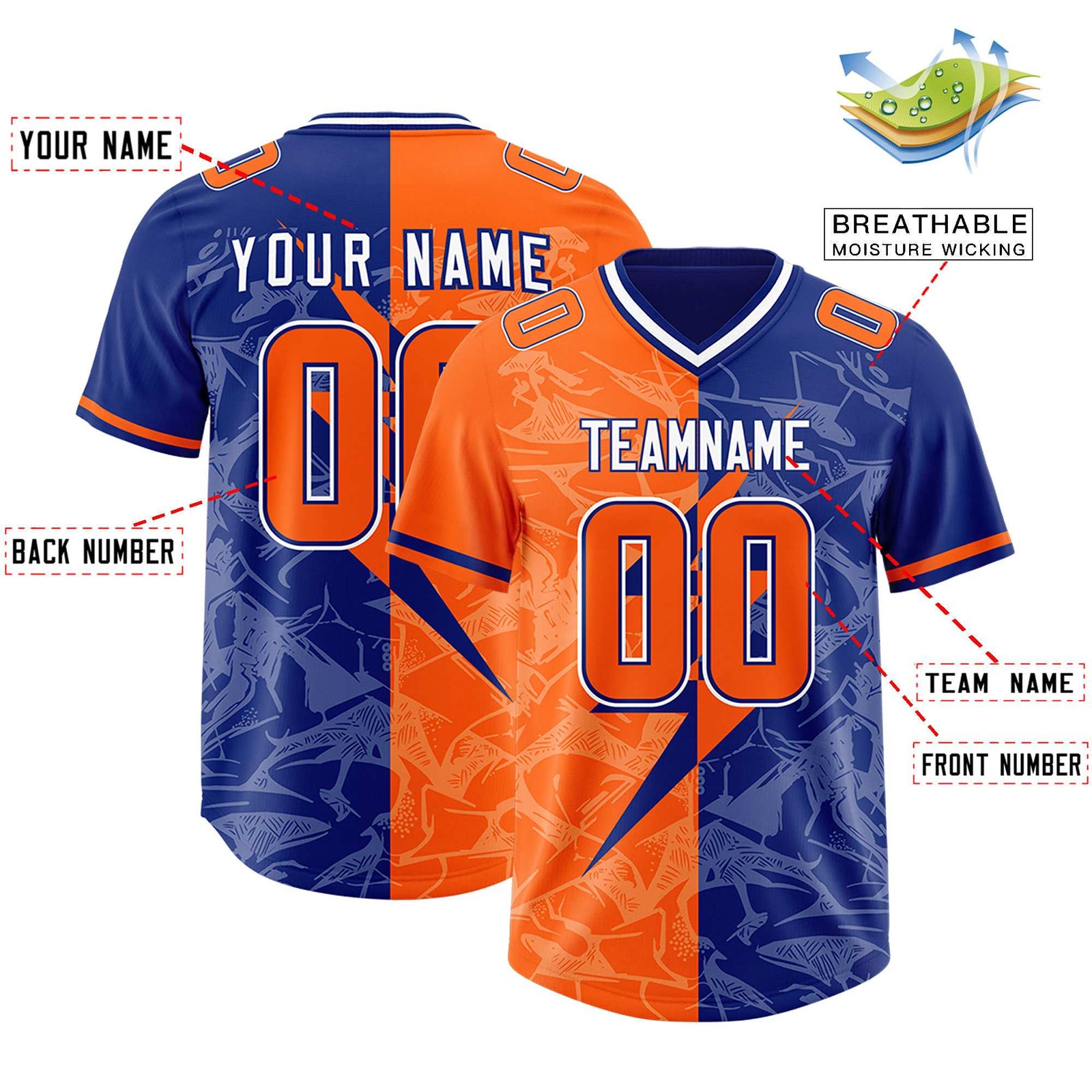 Custom Orange Royal Split Personalized Lightning Pattern Football Jersey