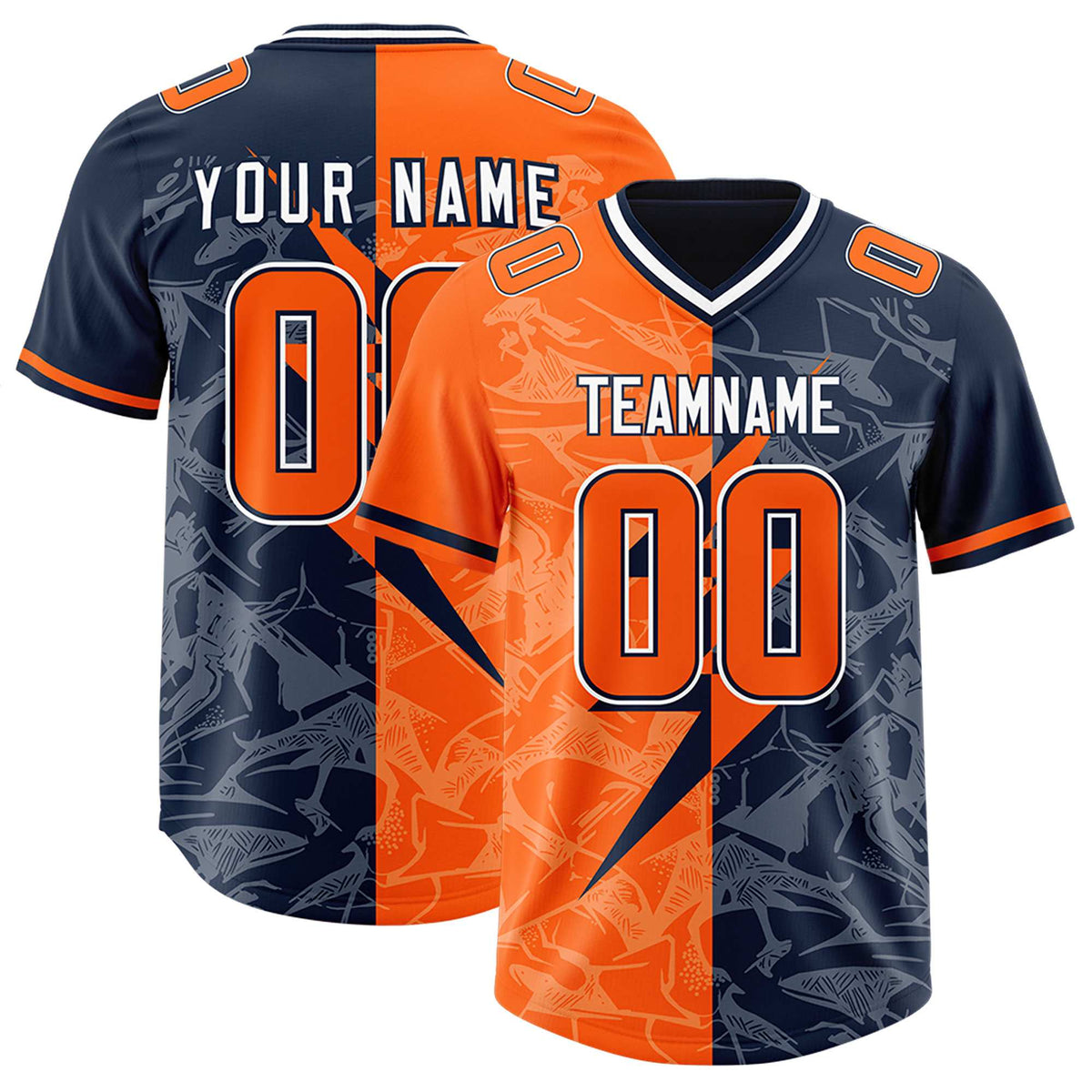 Custom Orange Navy Split Personalized Lightning Pattern Football Jersey