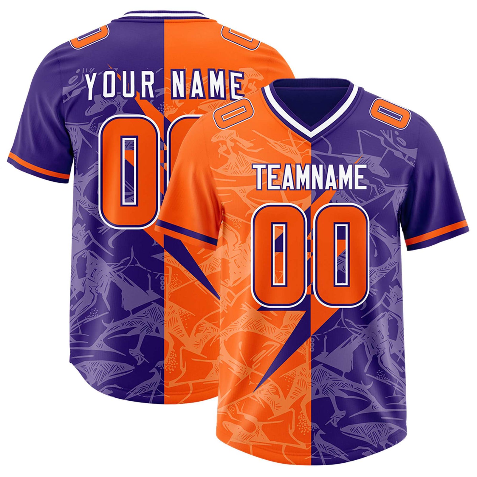 Custom Orange Purple Split Personalized Lightning Pattern Football Jersey
