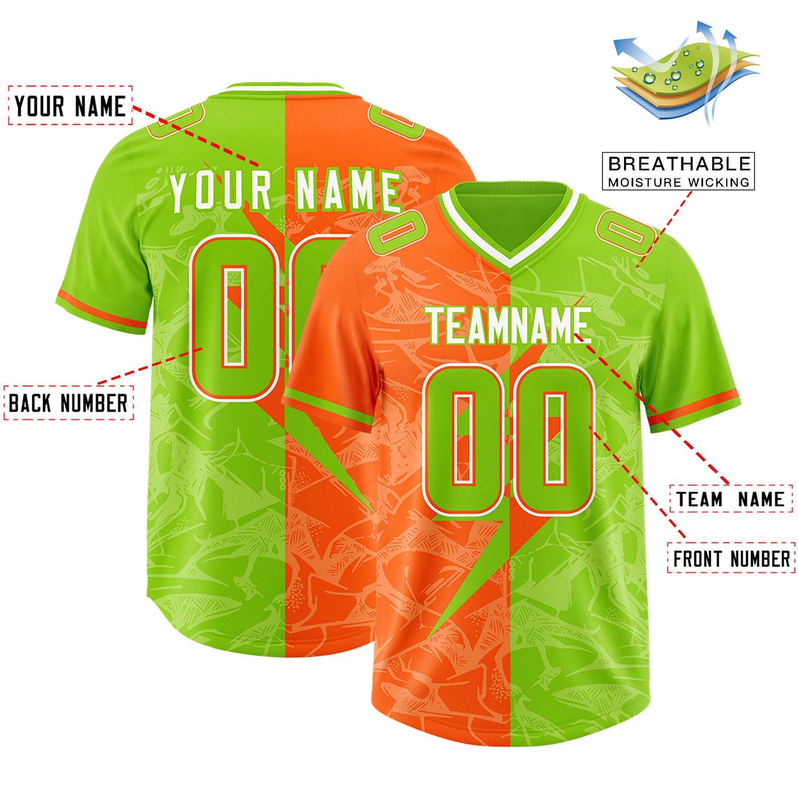 Custom Neon Green Orange Split Personalized Lightning Pattern Football Jersey