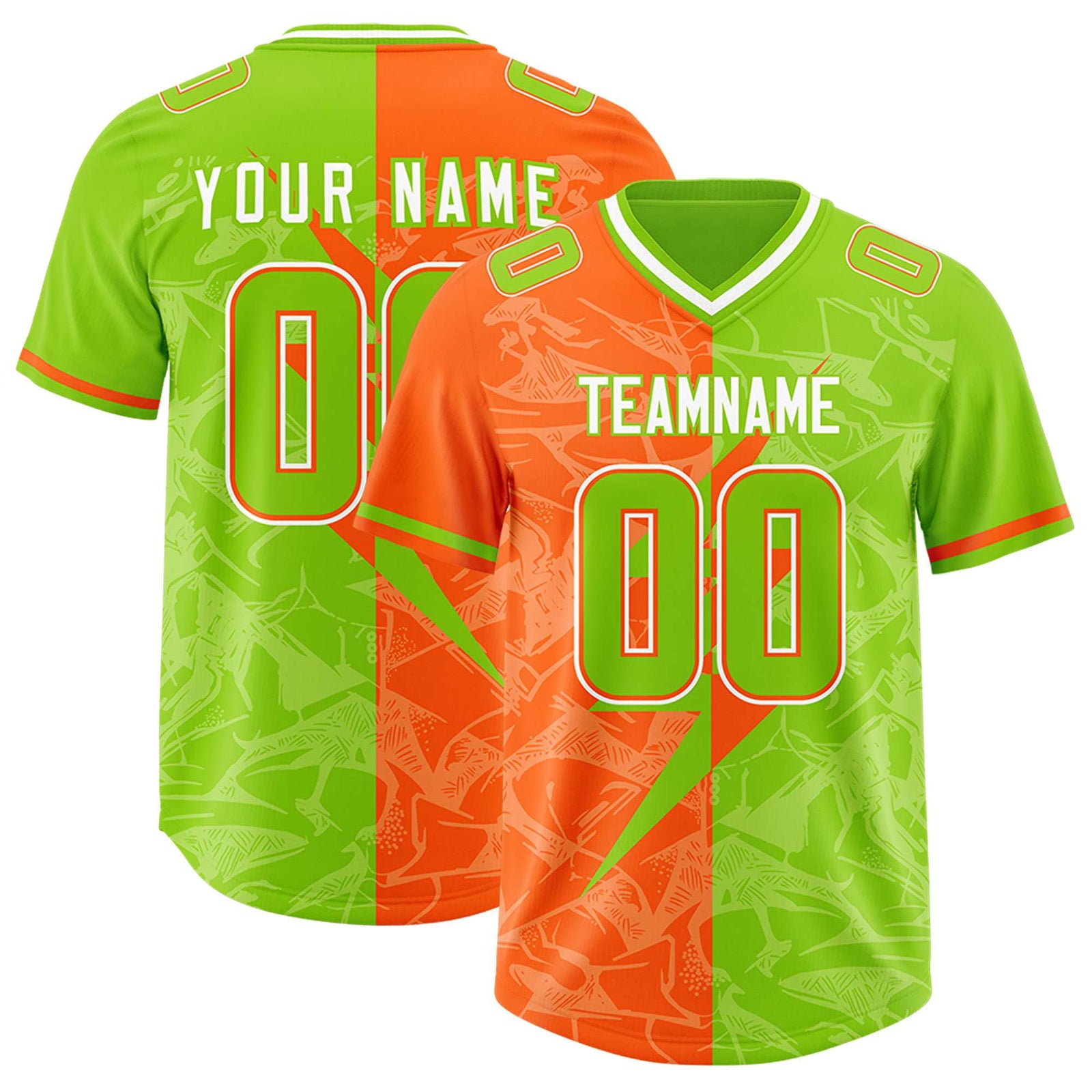 Custom Neon Green Orange Split Personalized Lightning Pattern Football Jersey