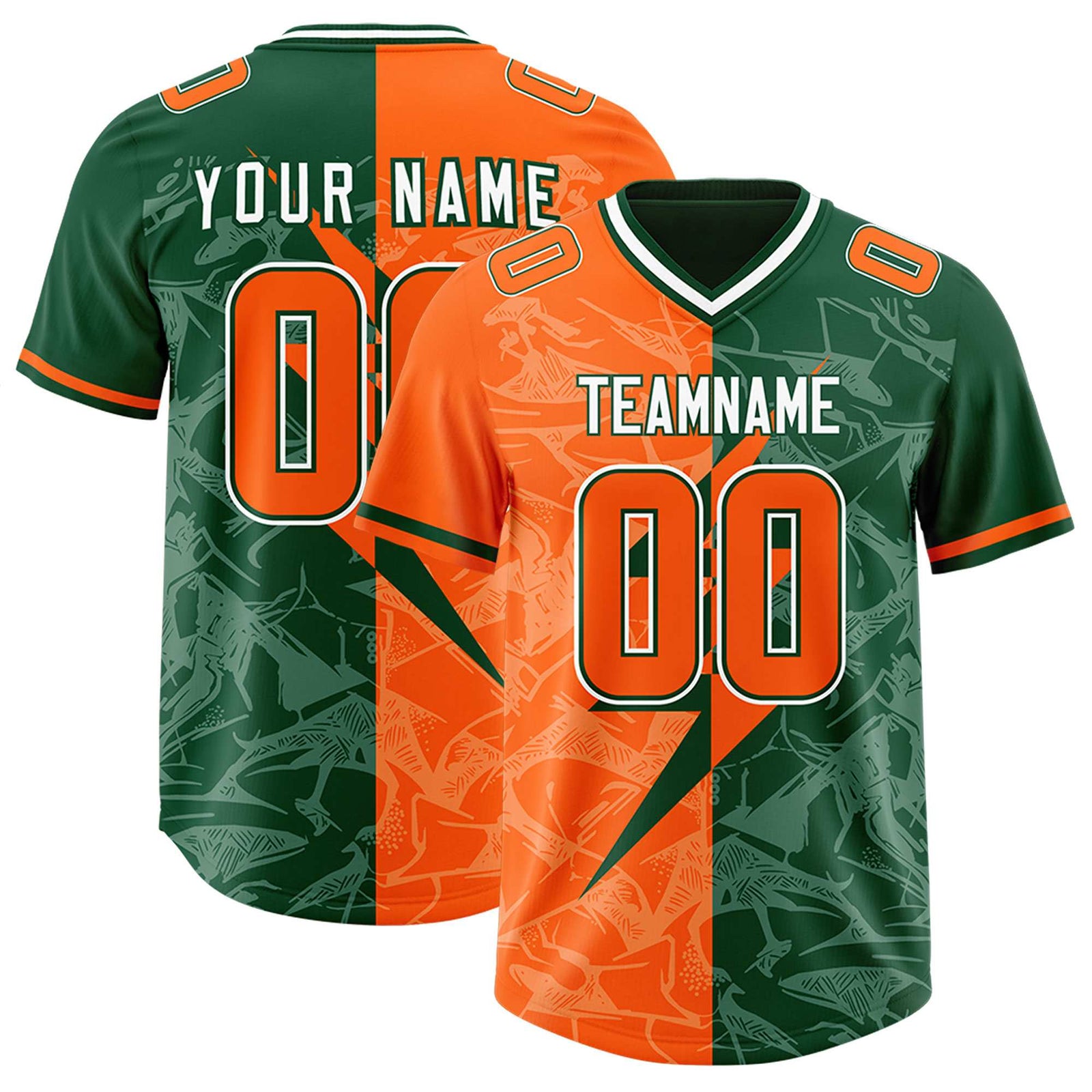 Custom Green Orange Split Personalized Lightning Pattern Football Jersey