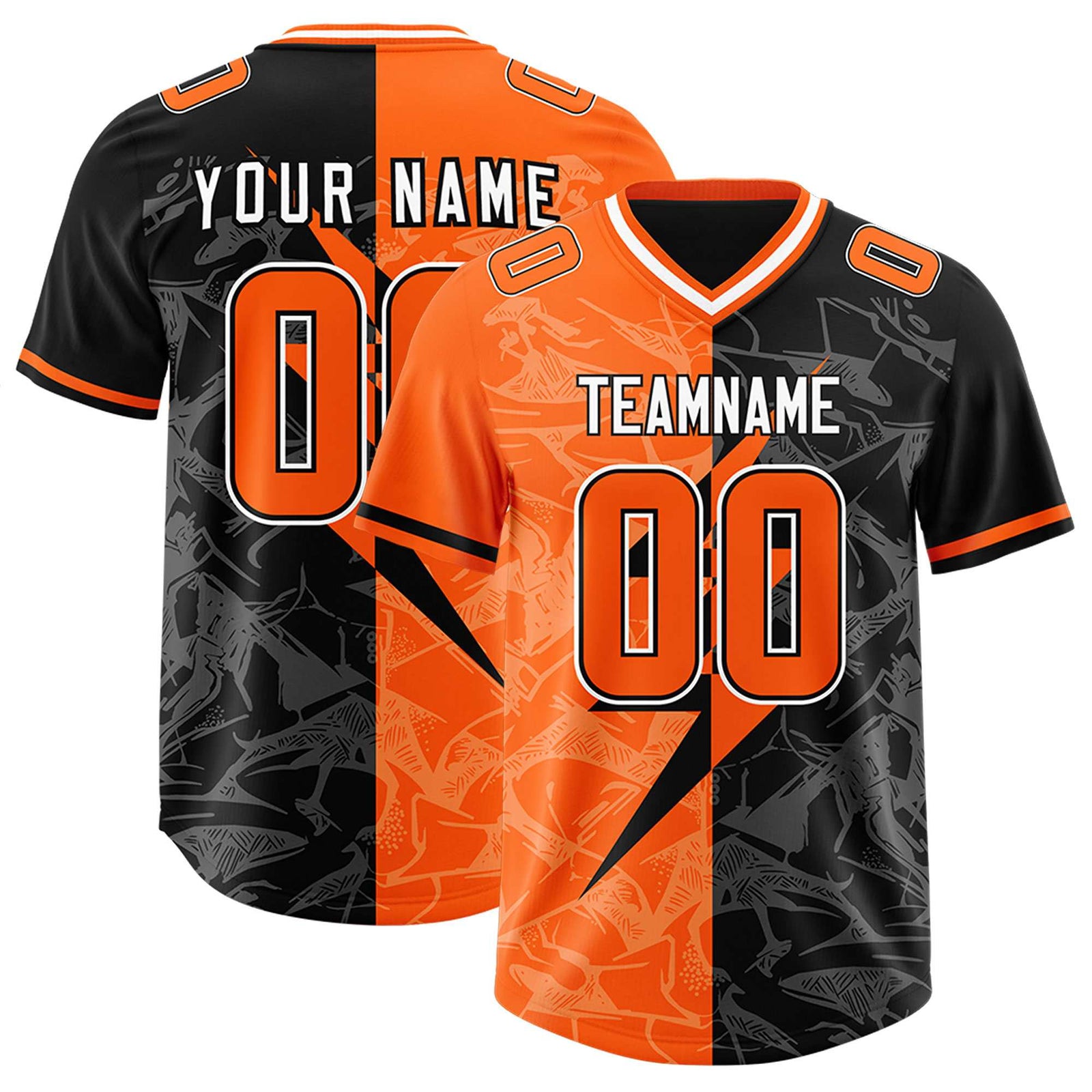 Custom Black Orange Split Personalized Lightning Pattern Football Jersey