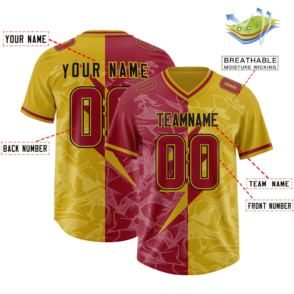 Custom Old Gold Cardinal Split Personalized Lightning Pattern Football Jersey