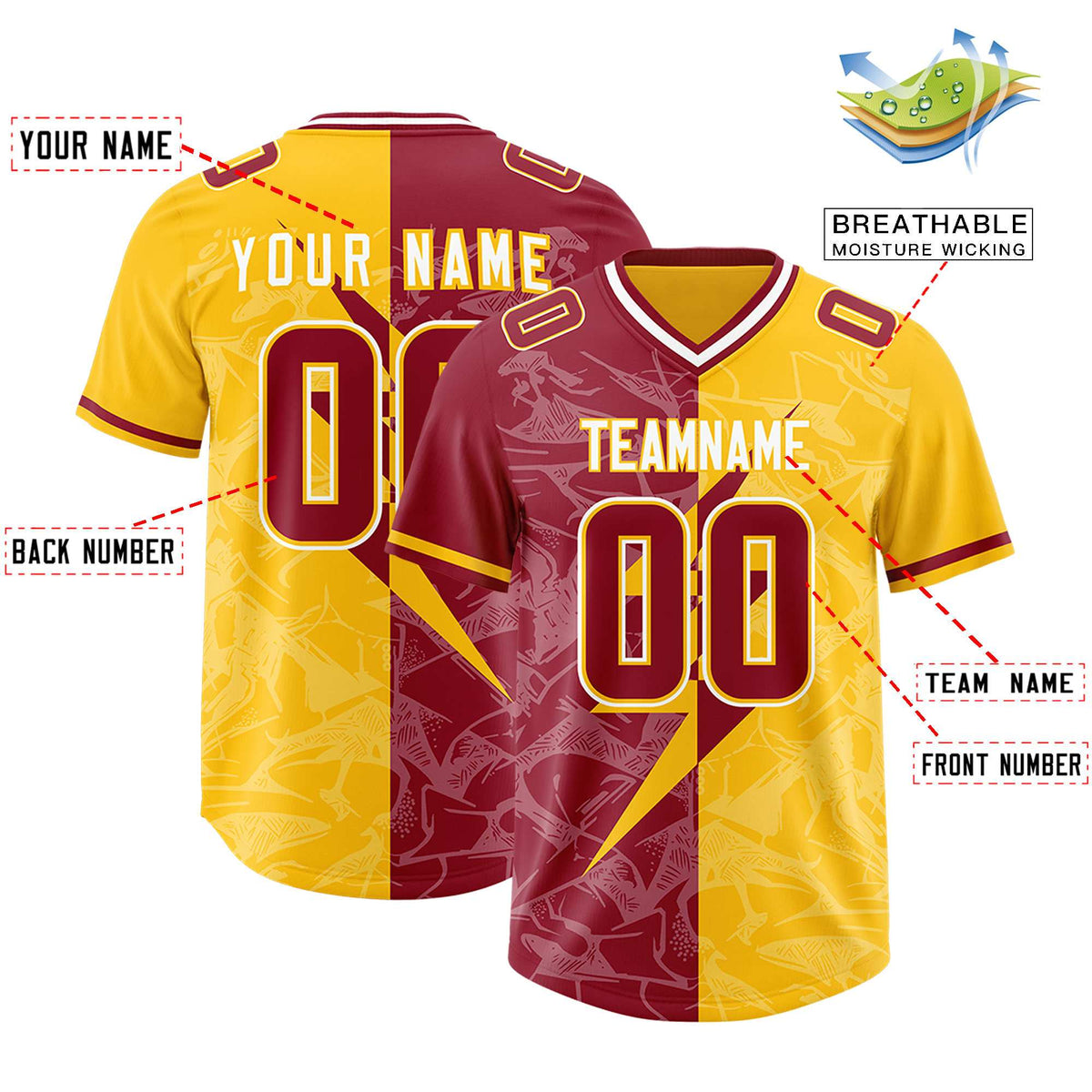 Custom Yellow Cardinal Split Personalized Lightning Pattern Football Jersey