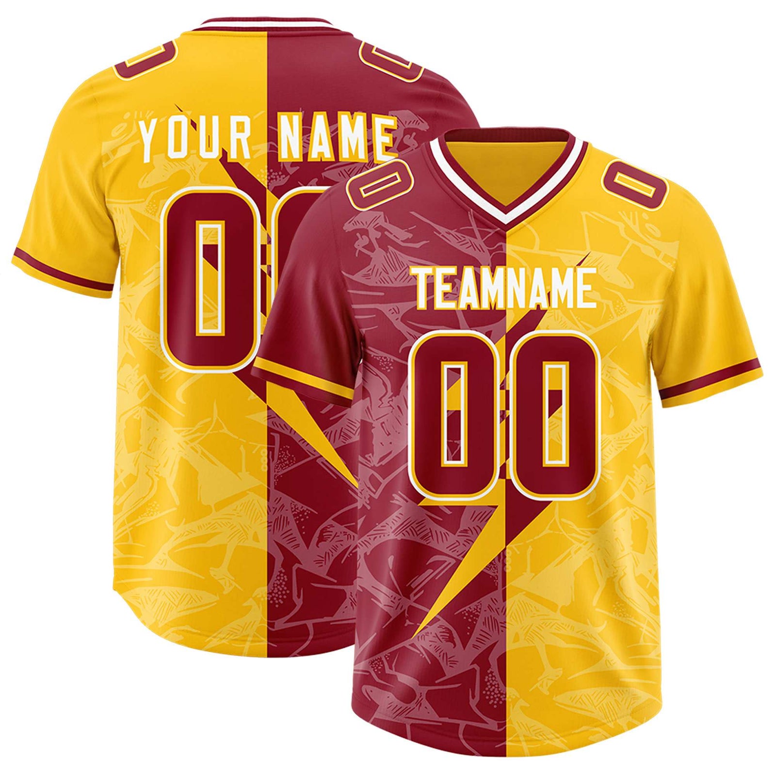 Custom Yellow Cardinal Split Personalized Lightning Pattern Football Jersey