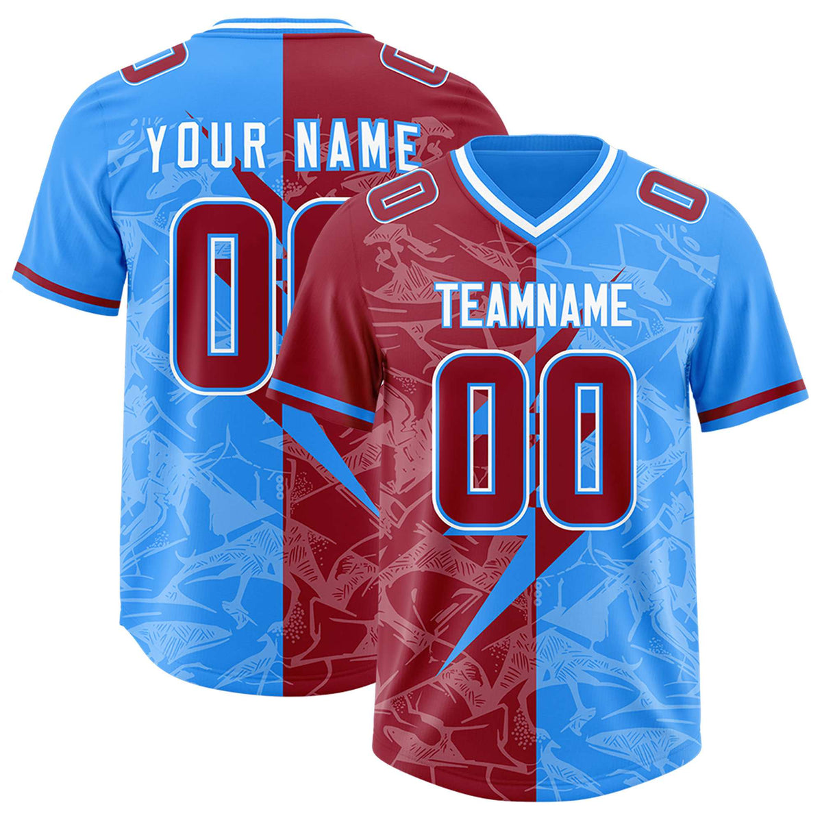 Custom Light Blue Cardinal Split Personalized Lightning Pattern Football Jersey