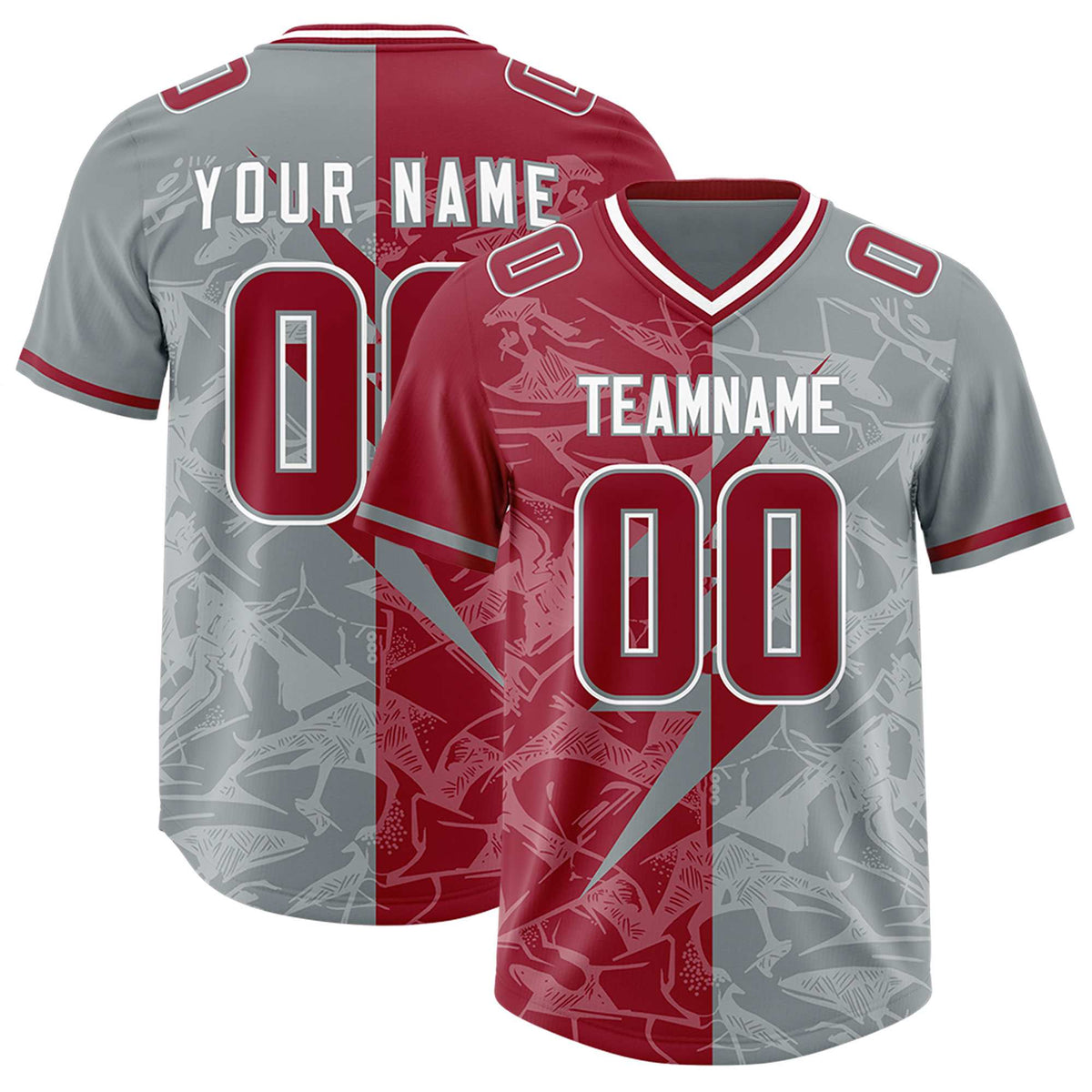 Custom Gray Cardinal Split Personalized Lightning Pattern Football Jersey