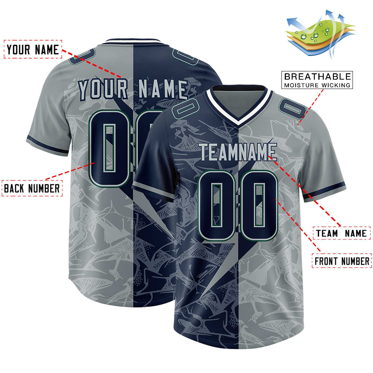 Custom Navy Gray Split Personalized Lightning Pattern Football Jersey