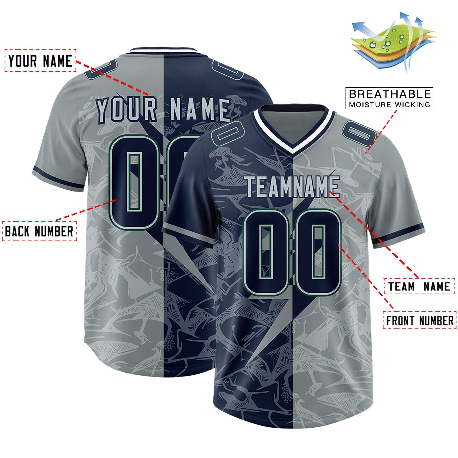Custom Navy Gray Split Personalized Lightning Pattern Football Jersey
