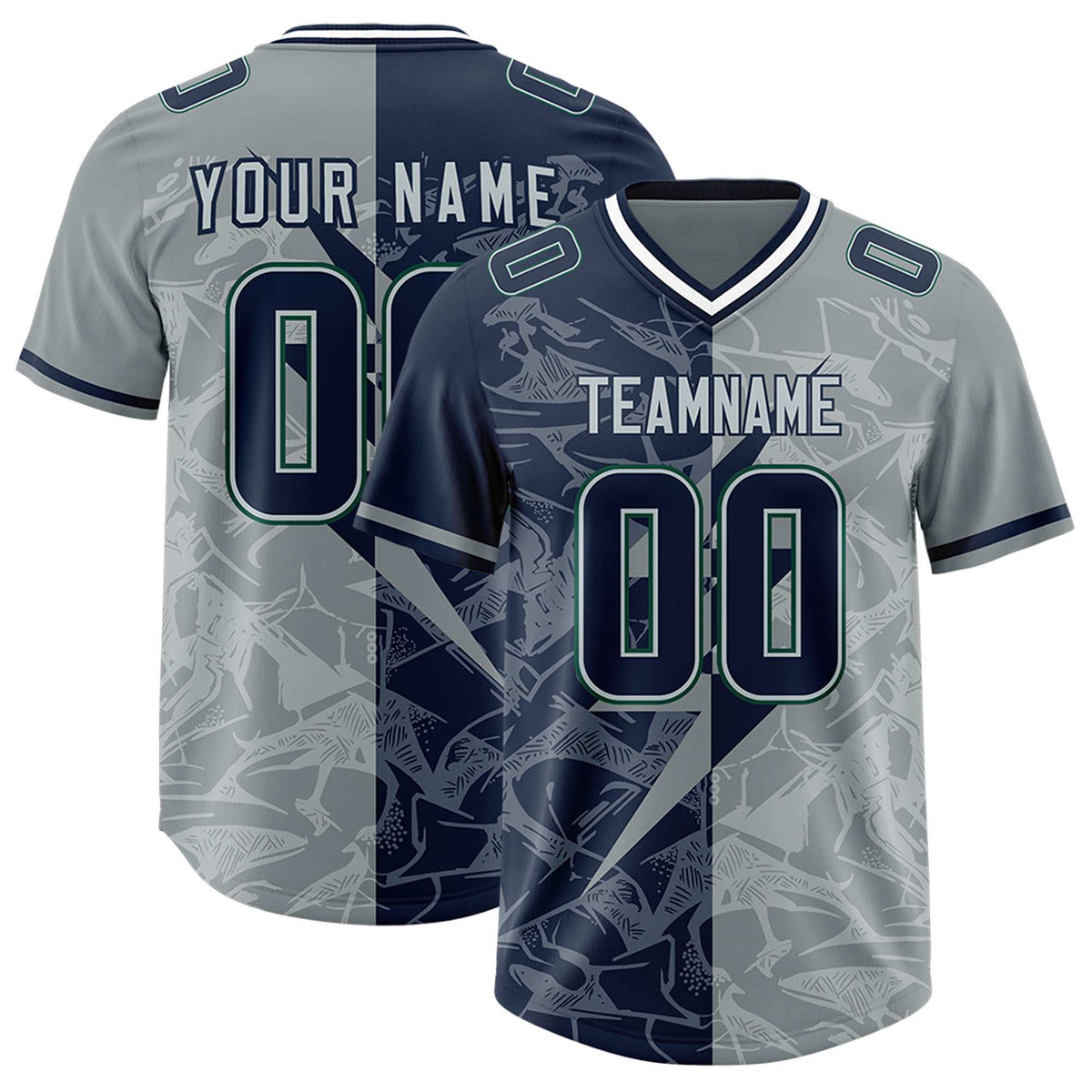 Custom Navy Gray Split Personalized Lightning Pattern Football Jersey