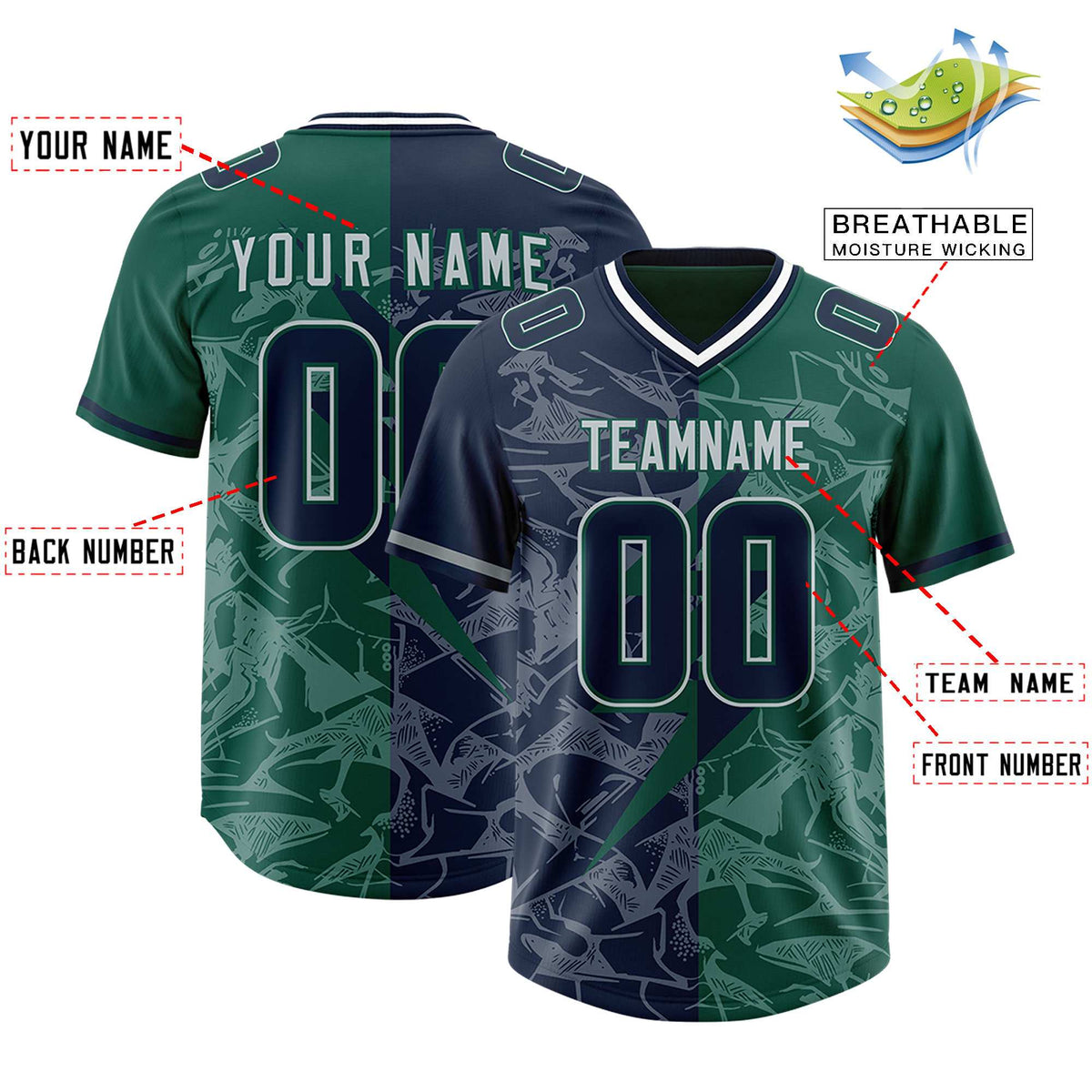 Custom Green Navy Split Personalized Lightning Pattern Football Jersey