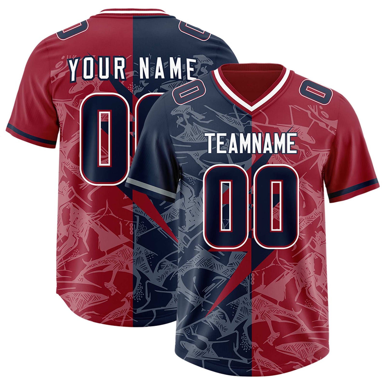 Custom Navy Cardinal Split Personalized Lightning Pattern Football Jersey