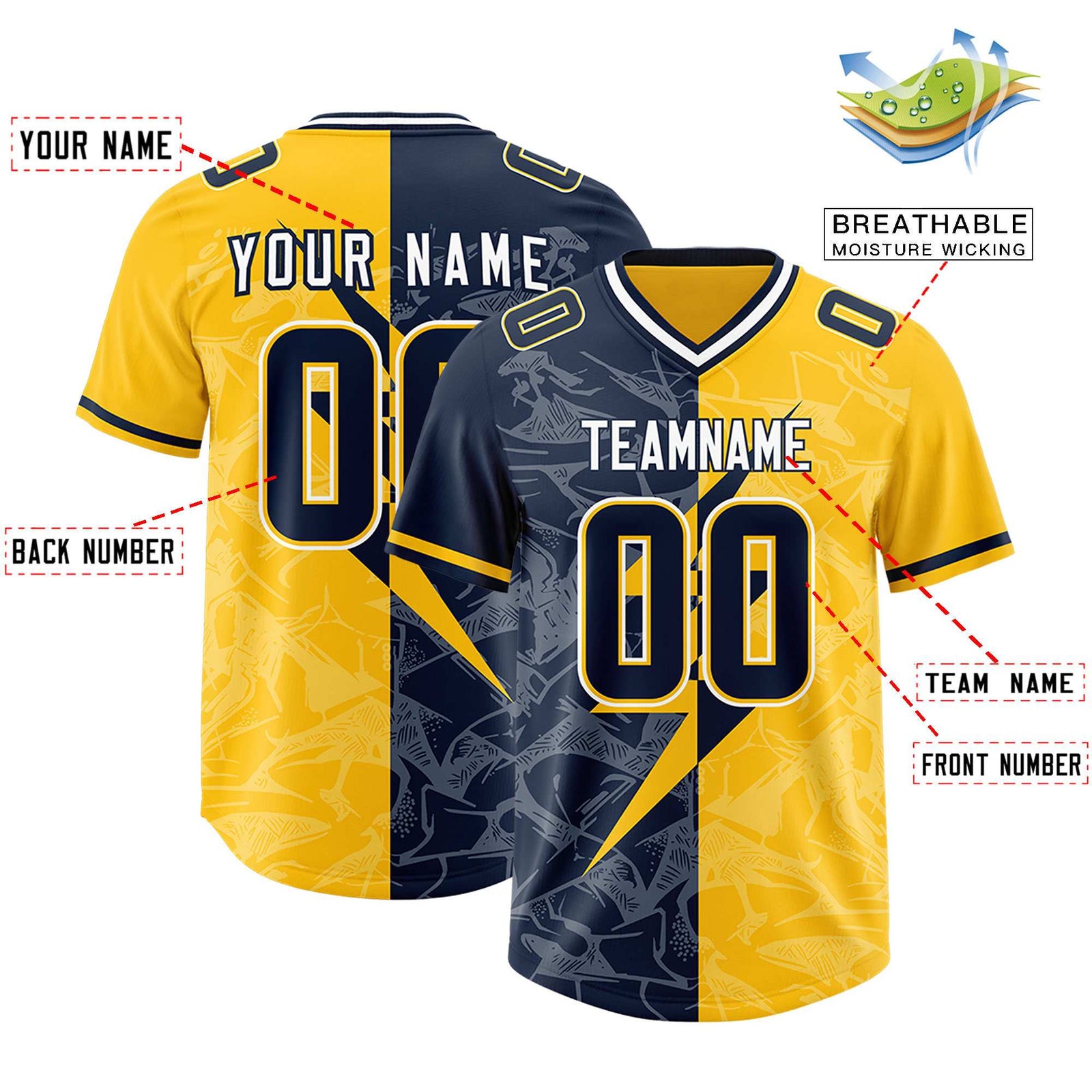 Custom Gold Navy Split Personalized Lightning Pattern Football Jersey