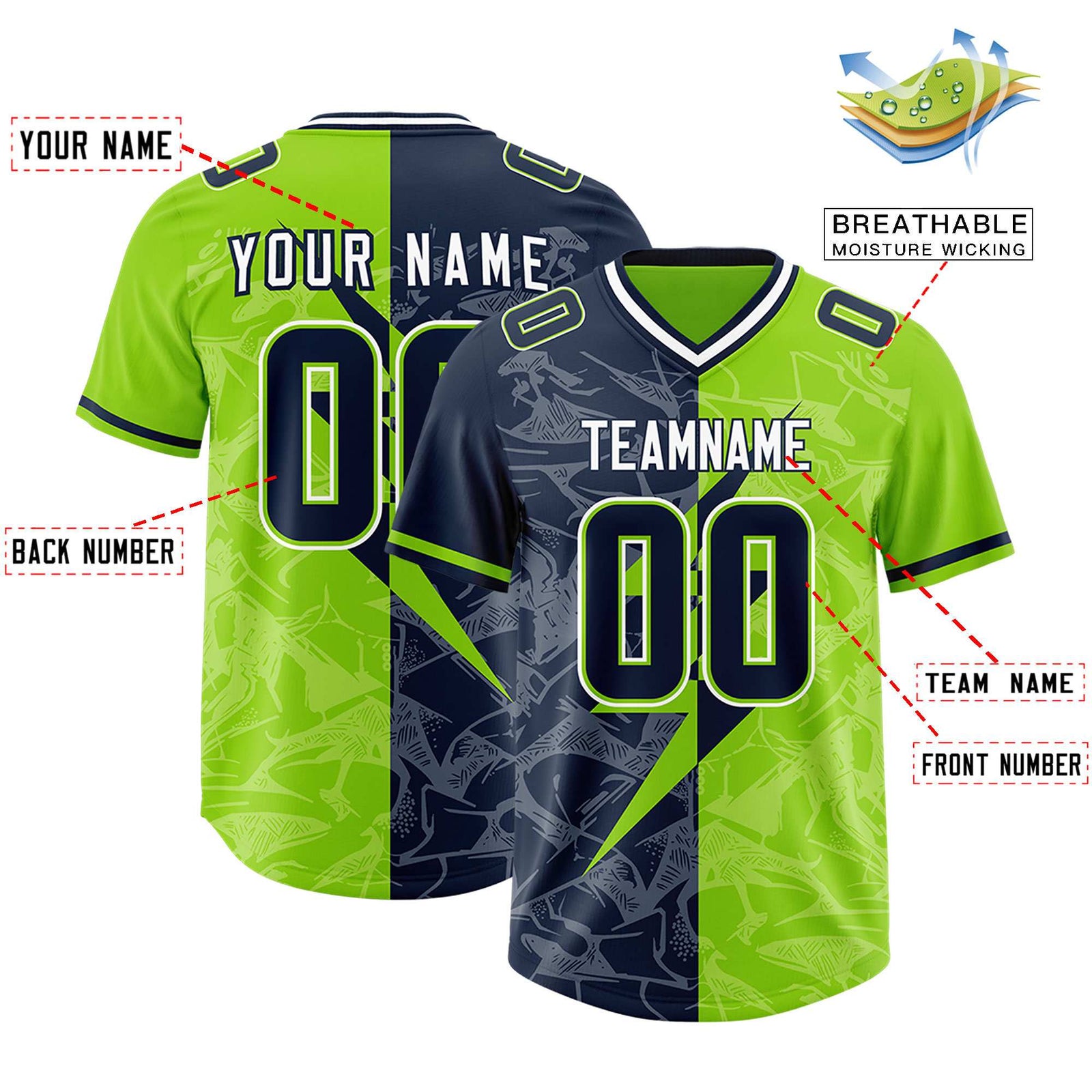 Custom Neon Green Navy Split Personalized Lightning Pattern Football Jersey