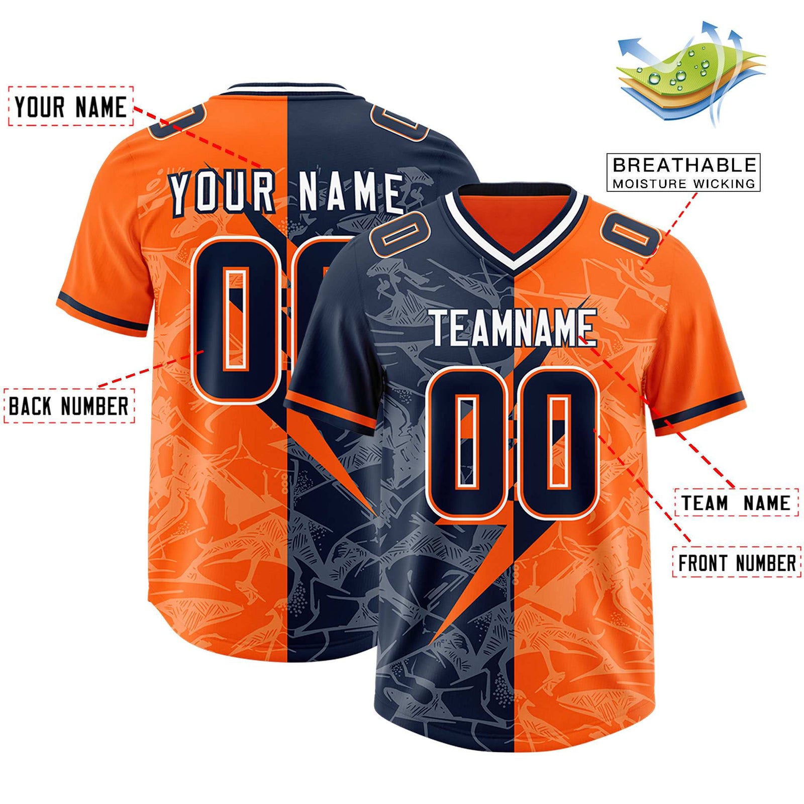 Custom Orange Navy Split Personalized Lightning Pattern Football Jersey