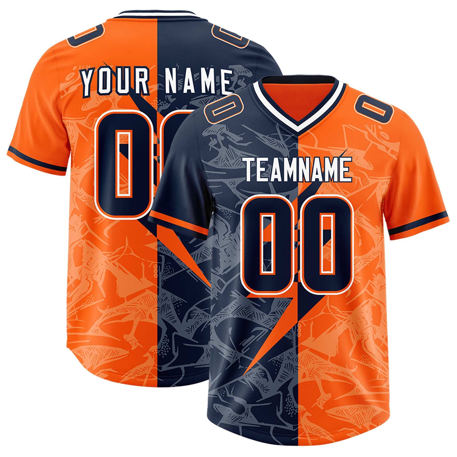 Custom Orange Navy Split Personalized Lightning Pattern Football Jersey