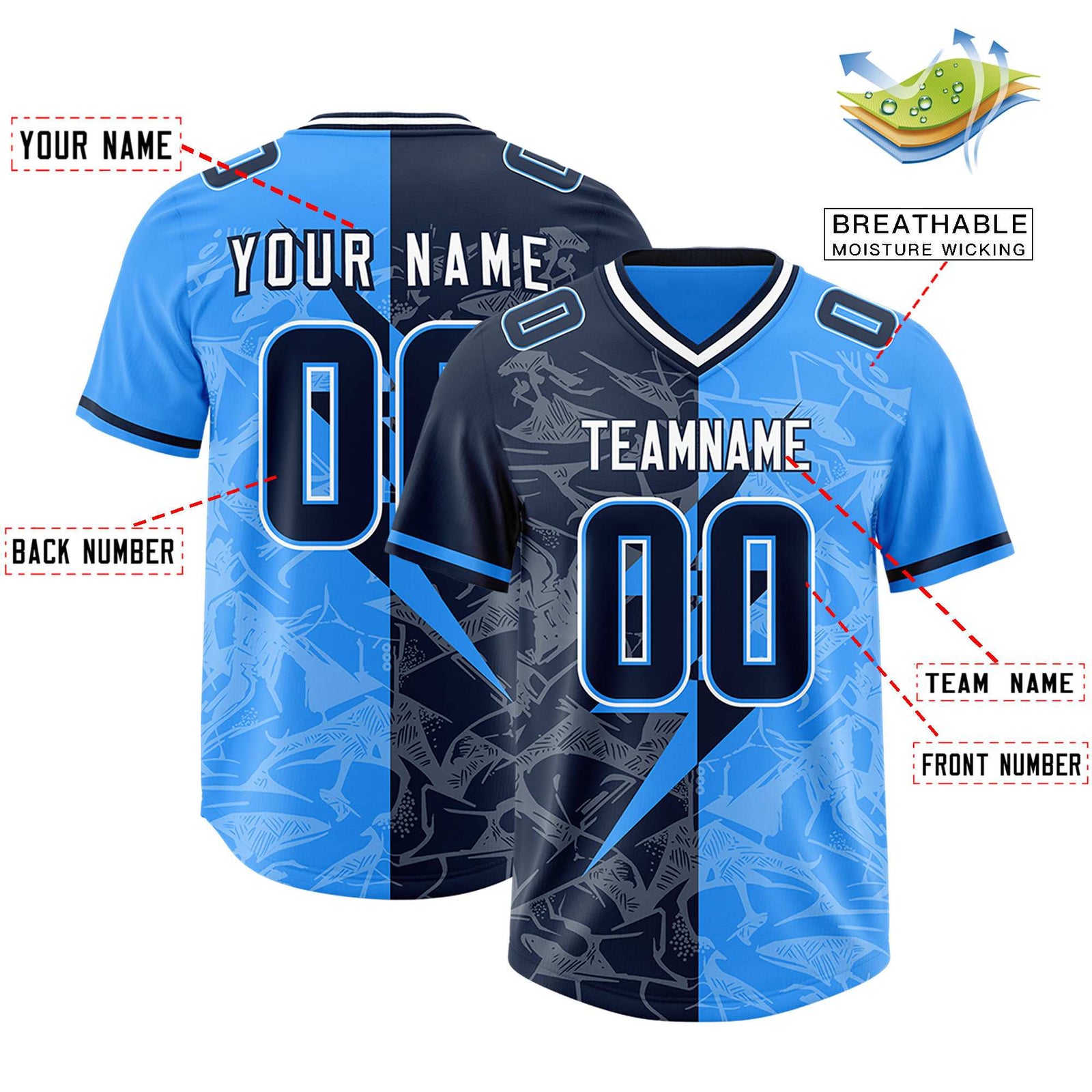 Custom Light Blue Navy Split Personalized Lightning Pattern Football Jersey