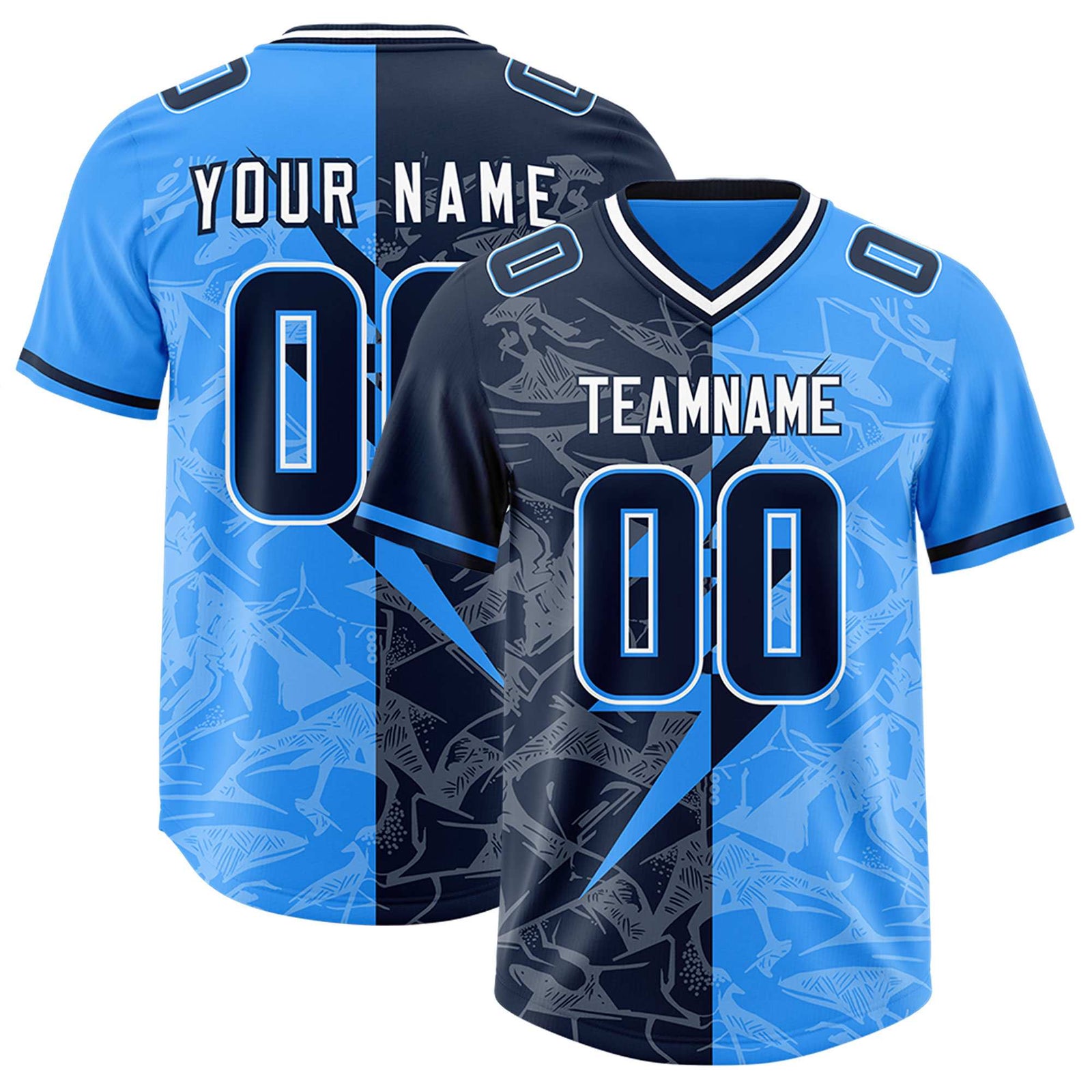 Custom Light Blue Navy Split Personalized Lightning Pattern Football Jersey