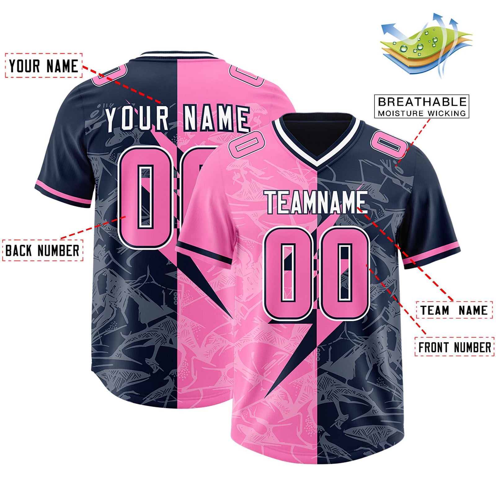 Custom Navy Pink Split Personalized Lightning Pattern Football Jersey