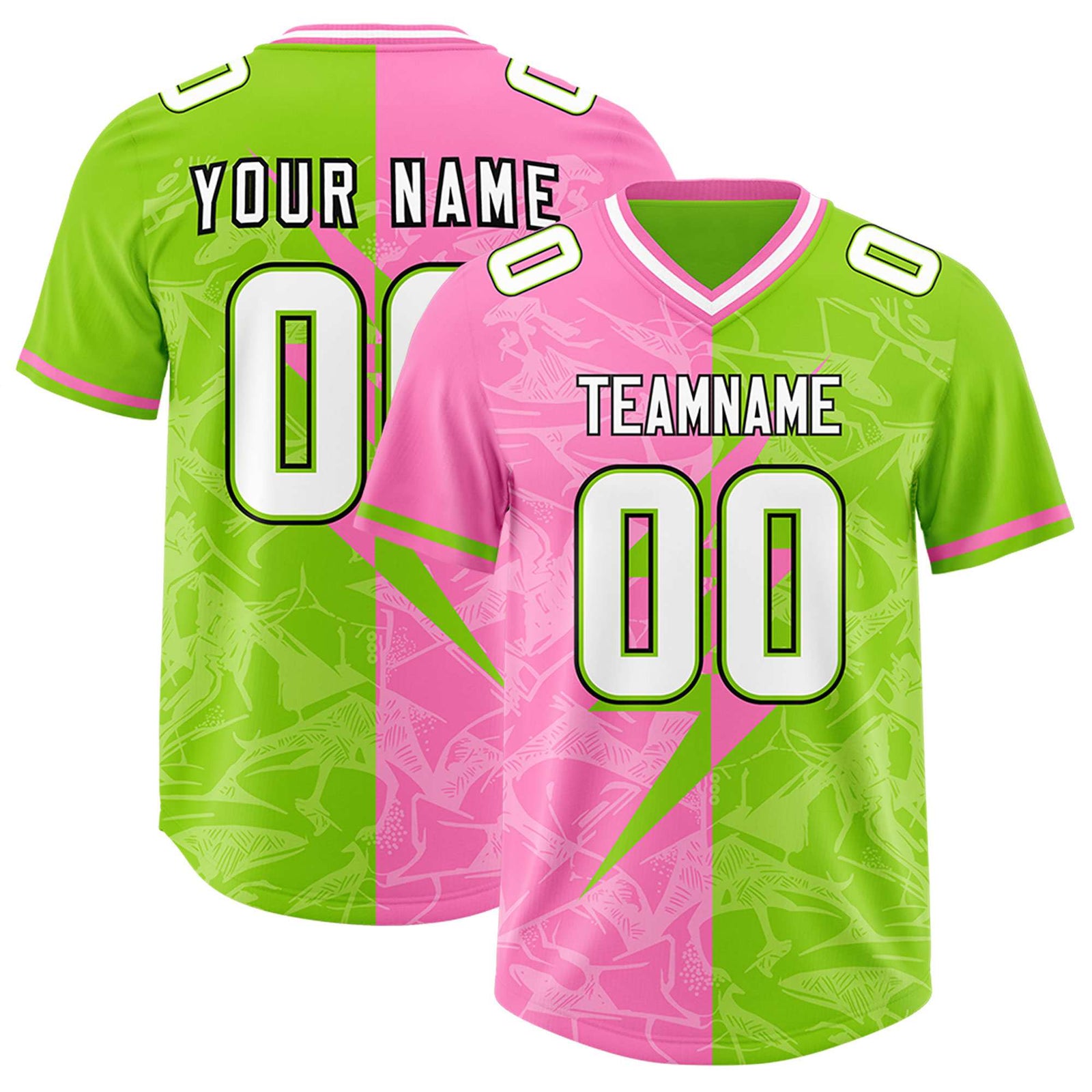Custom Neon Green Pink Split Personalized Lightning Pattern Football Jersey