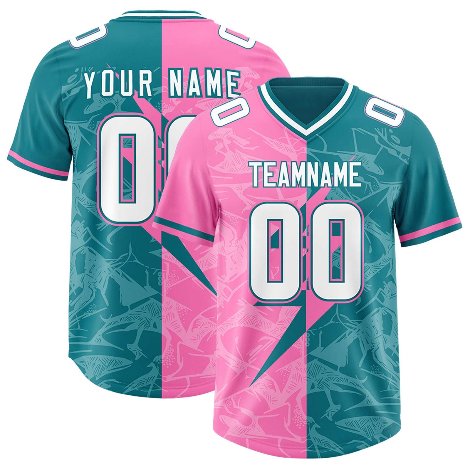 Custom Aqua Pink Split Personalized Lightning Pattern Football Jersey