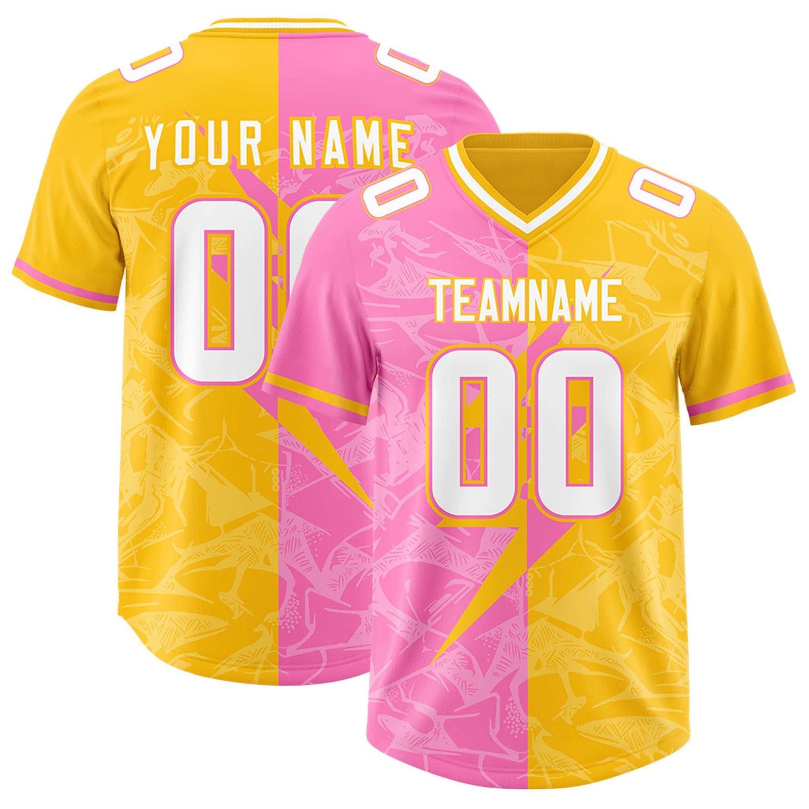 Custom Yellow Pink Split Personalized Lightning Pattern Football Jersey