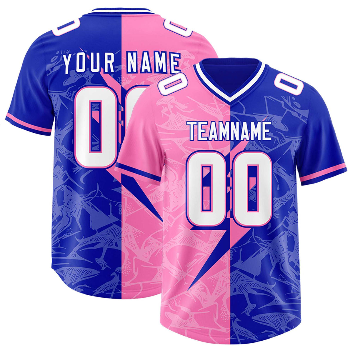 Custom Royal Pink Split Personalized Lightning Pattern Football Jersey