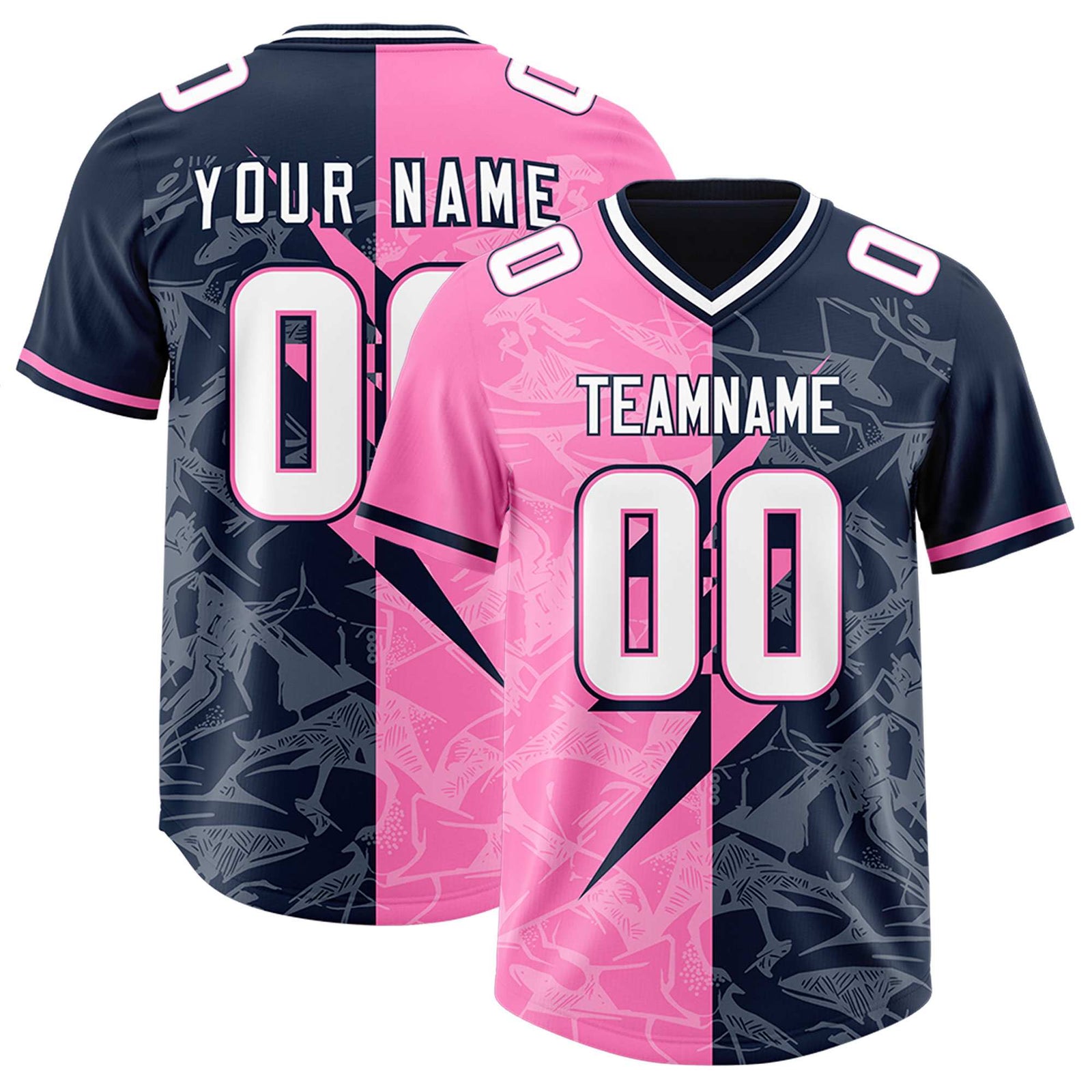 Custom Navy Pink Split Personalized Lightning Pattern Football Jersey
