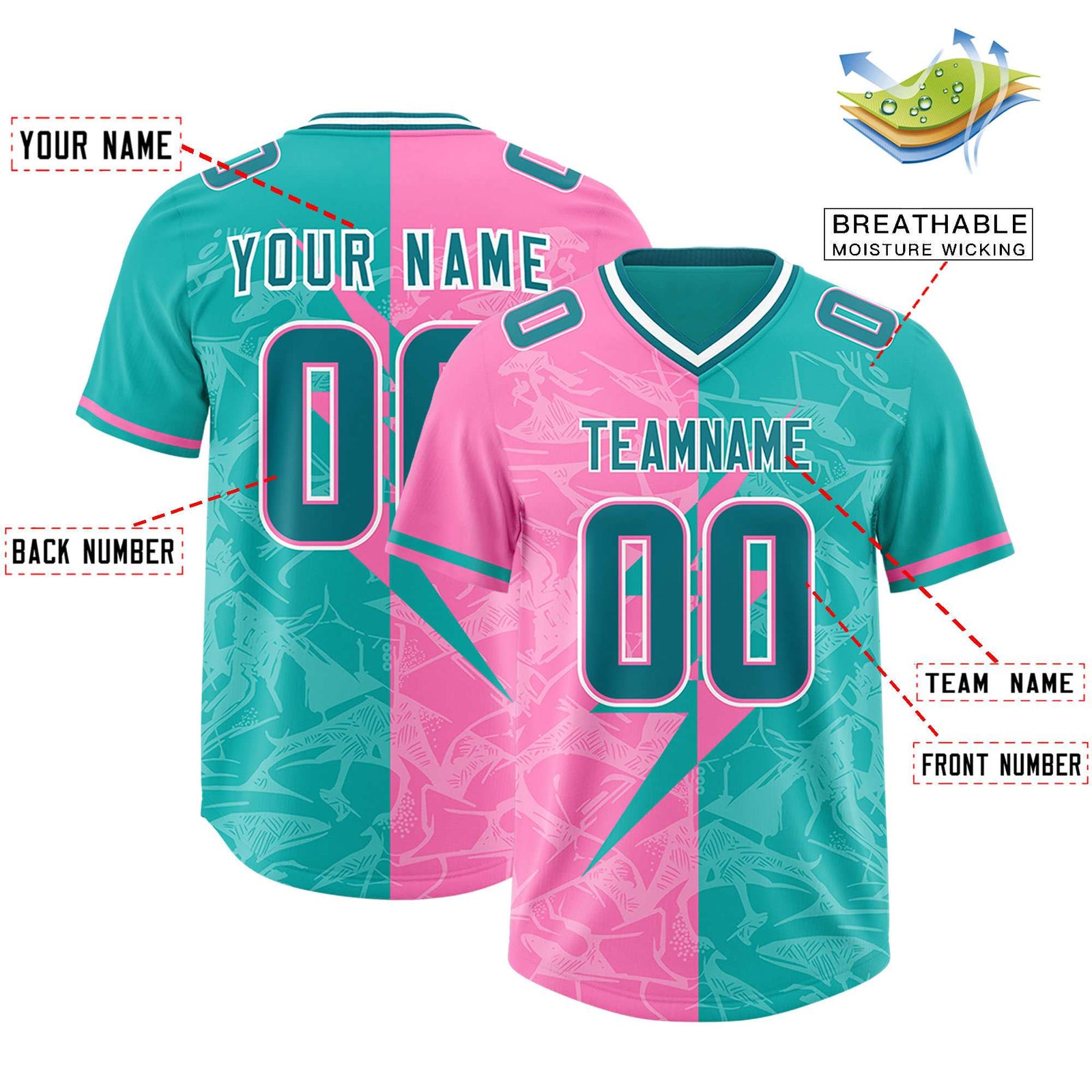 Custom Aqua Pink Split Personalized Lightning Pattern Football Jersey