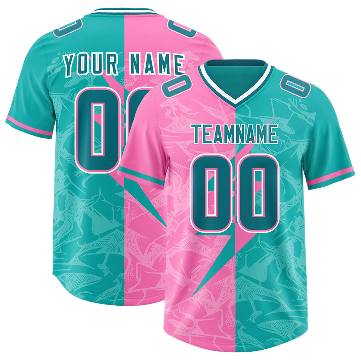 Custom Aqua Pink Split Personalized Lightning Pattern Football Jersey