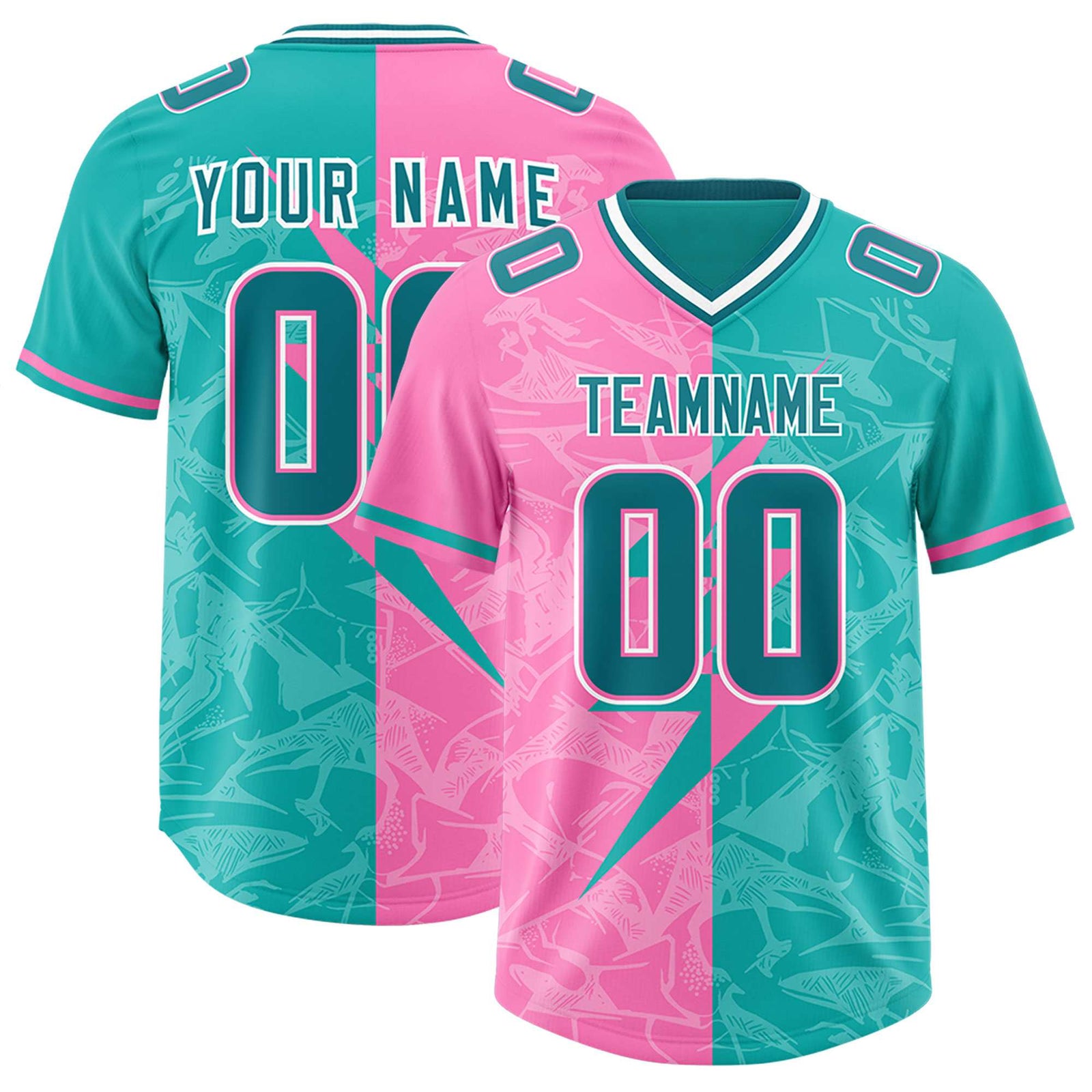 Custom Aqua Pink Split Personalized Lightning Pattern Football Jersey