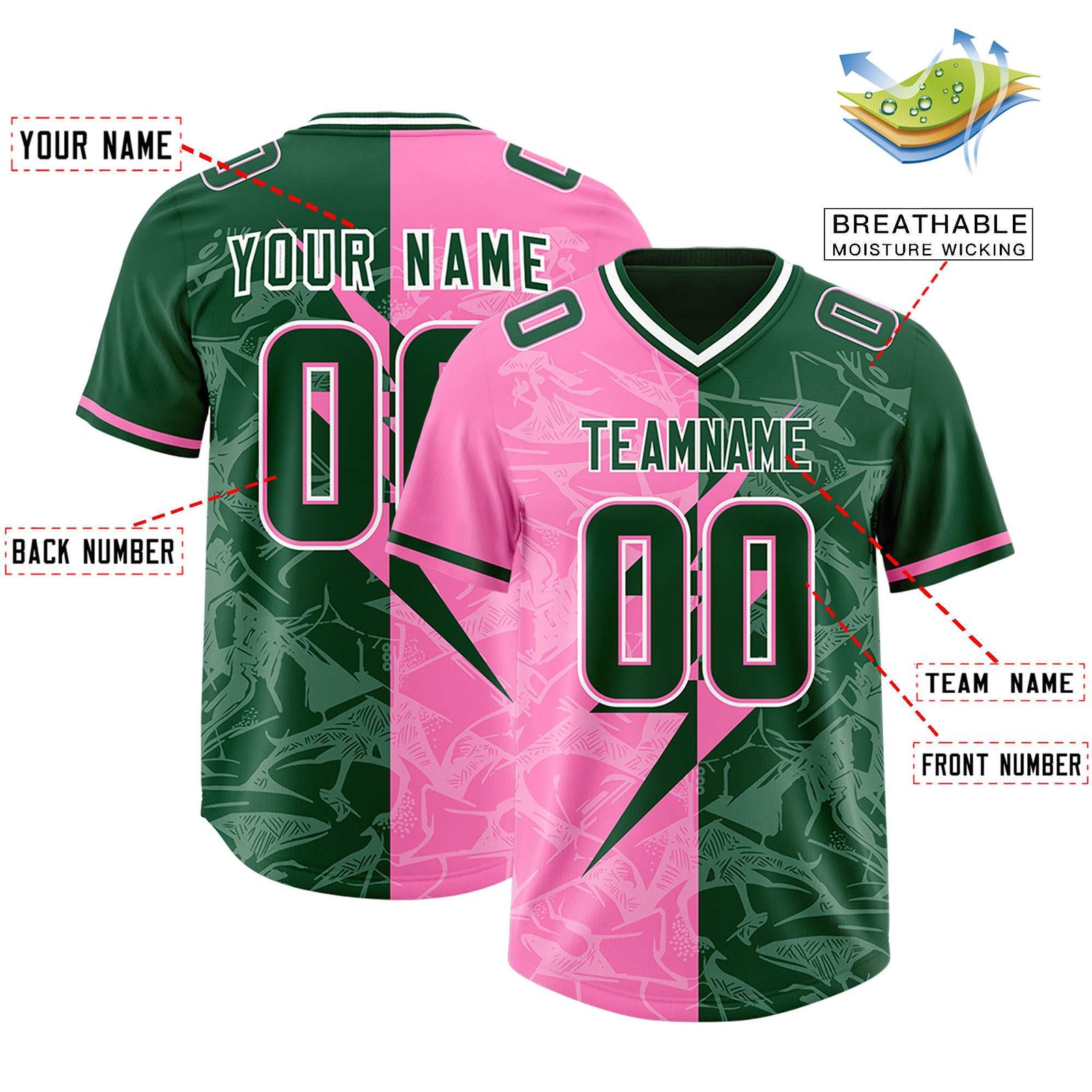 Custom Pink Green Split Personalized Lightning Pattern Football Jersey
