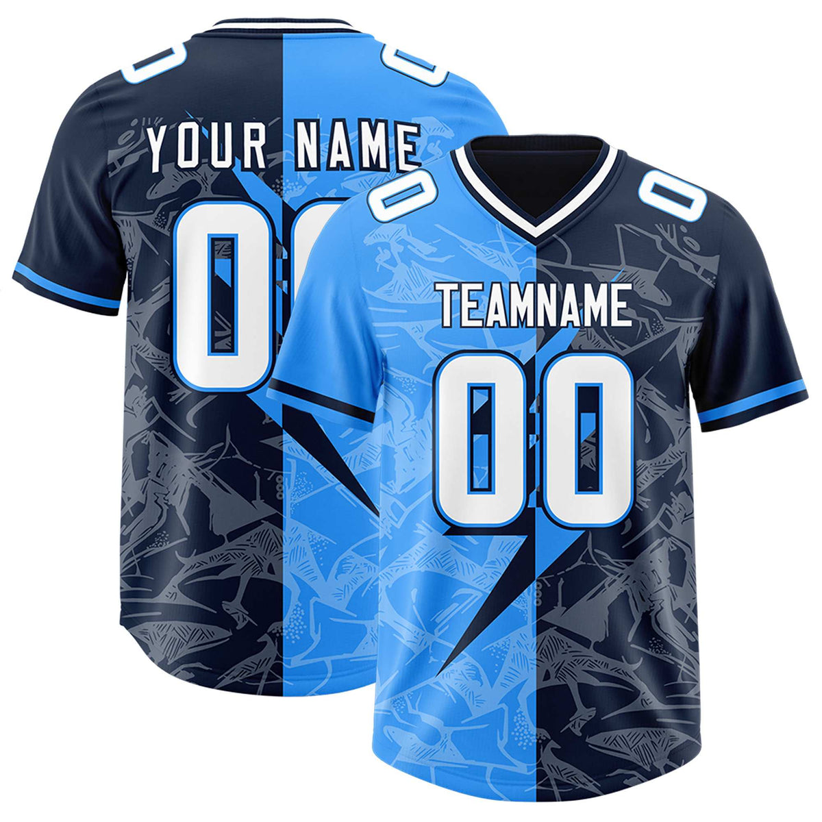 Custom Navy Light Blue Split Personalized Lightning Pattern Football Jersey