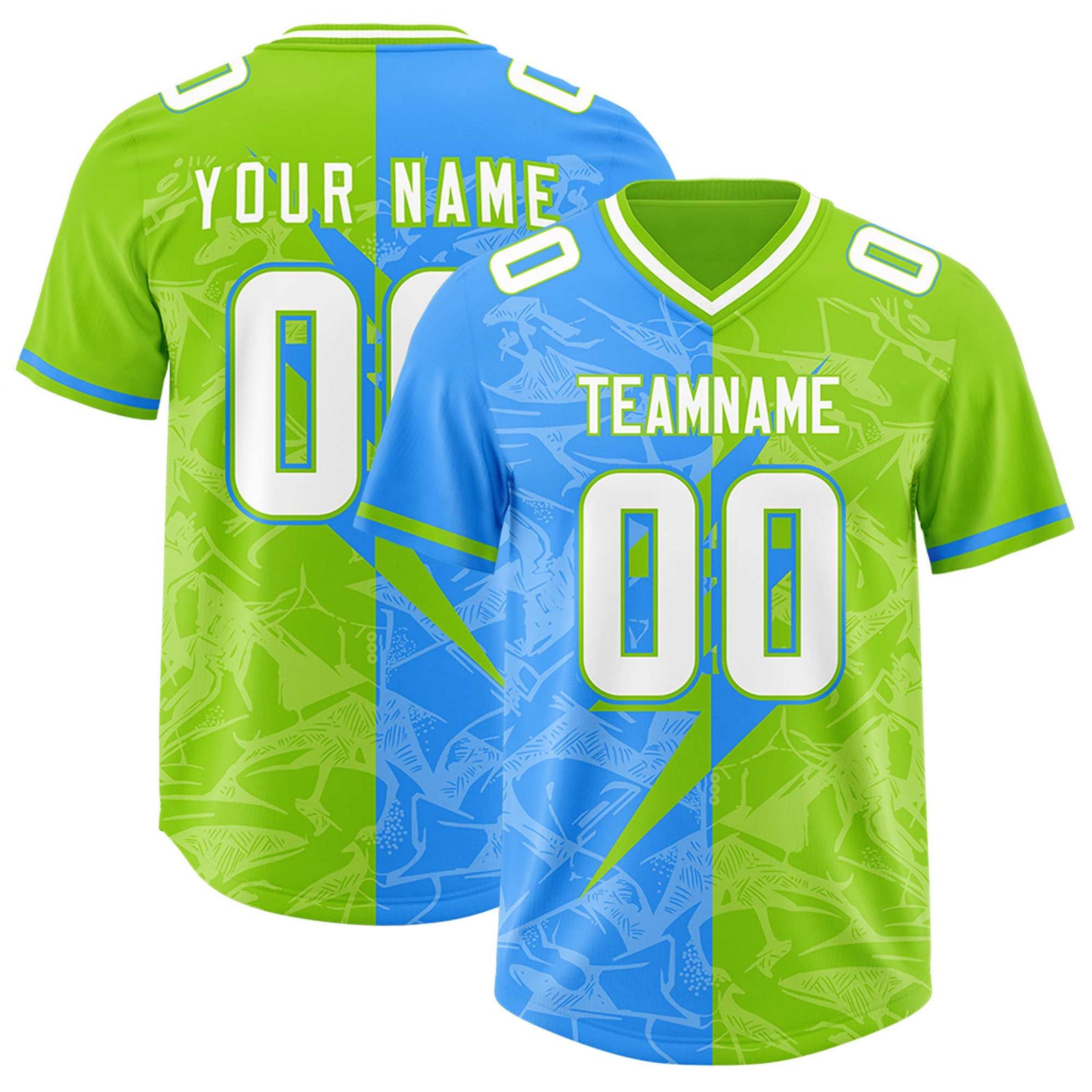 Custom Neon Green Light Blue Split Personalized Lightning Pattern Football Jersey