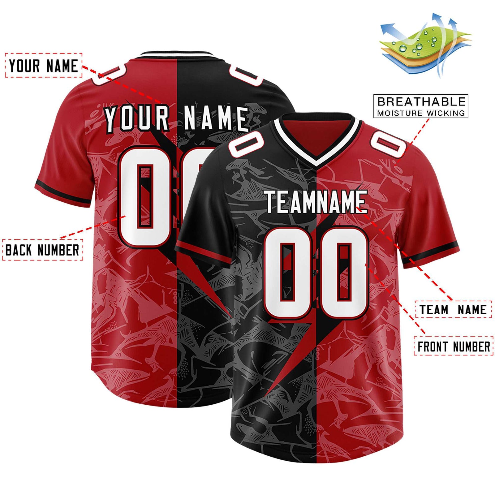 Custom Black Red Split Personalized Lightning Pattern Football Jersey