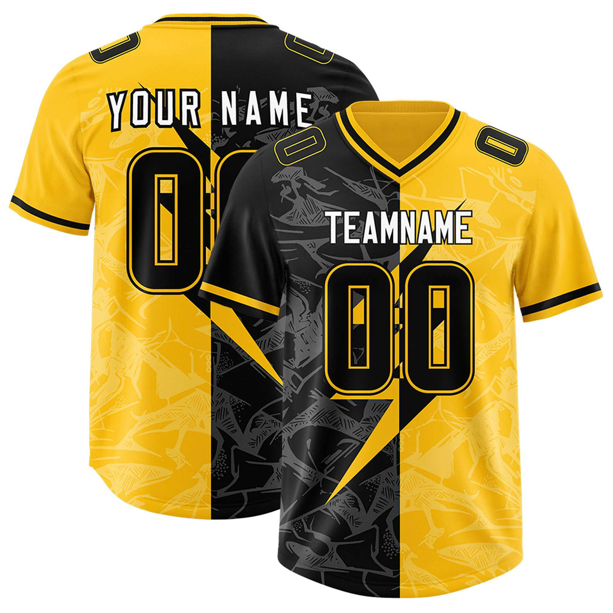 Custom Yellow Black Split Personalized Lightning Pattern Football Jersey
