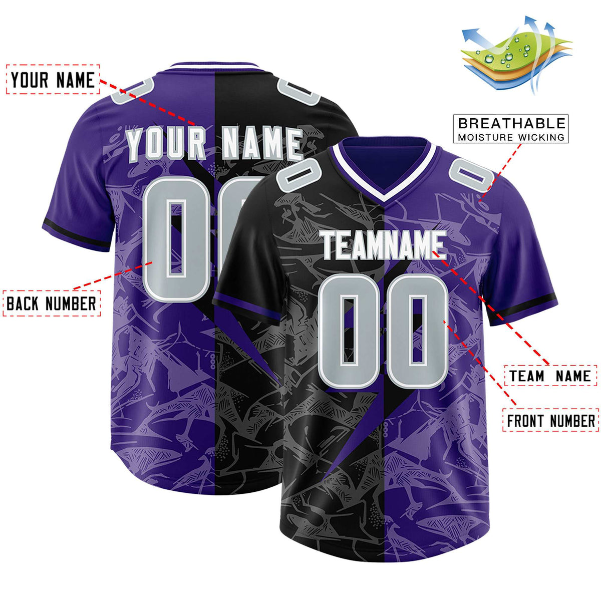 Custom Purple Black Split Personalized Lightning Pattern Football Jersey