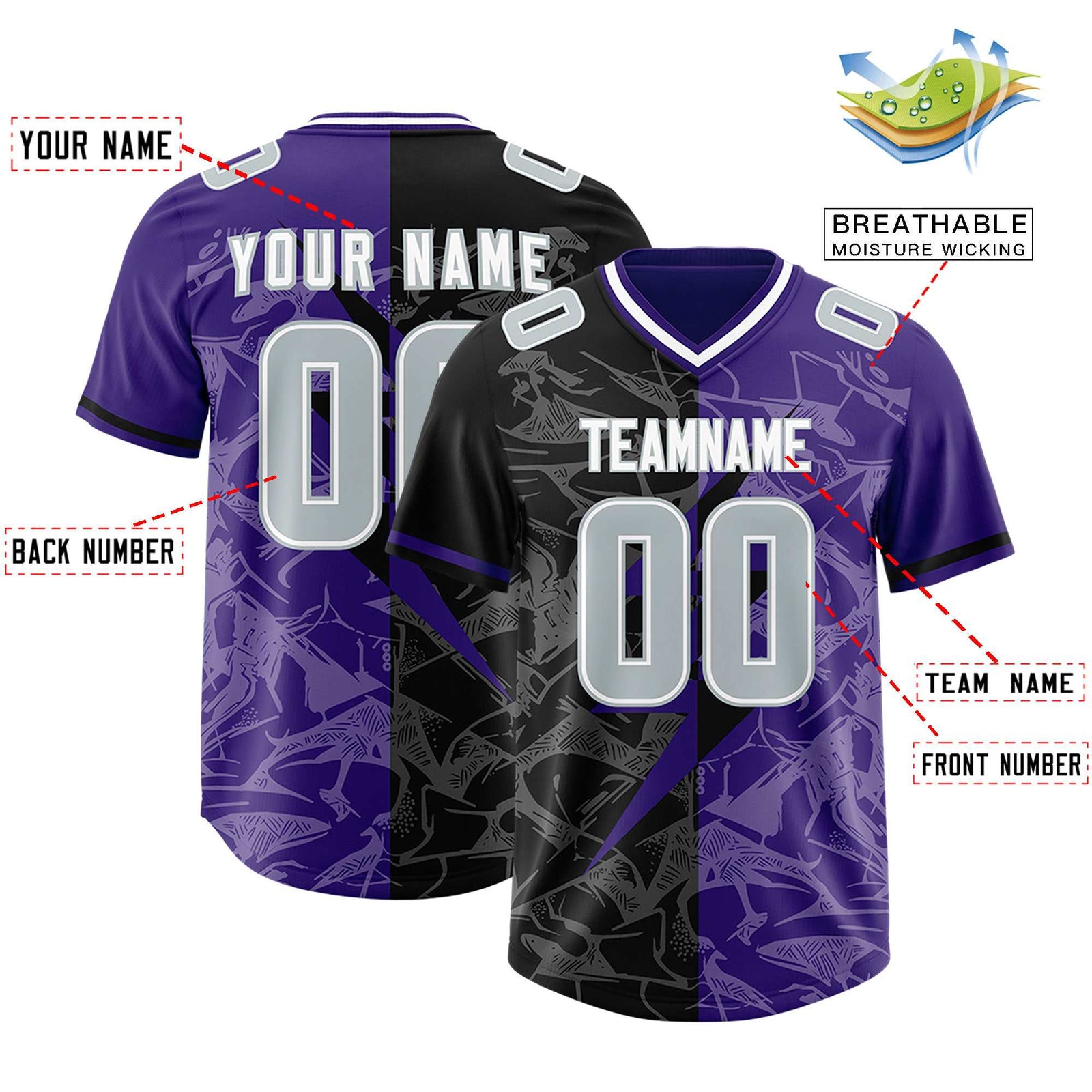 Custom Purple Black Split Personalized Lightning Pattern Football Jersey
