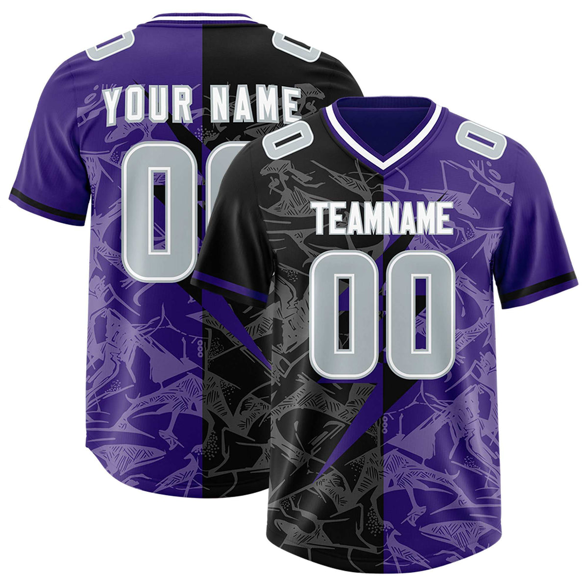 Custom Purple Black Split Personalized Lightning Pattern Football Jersey