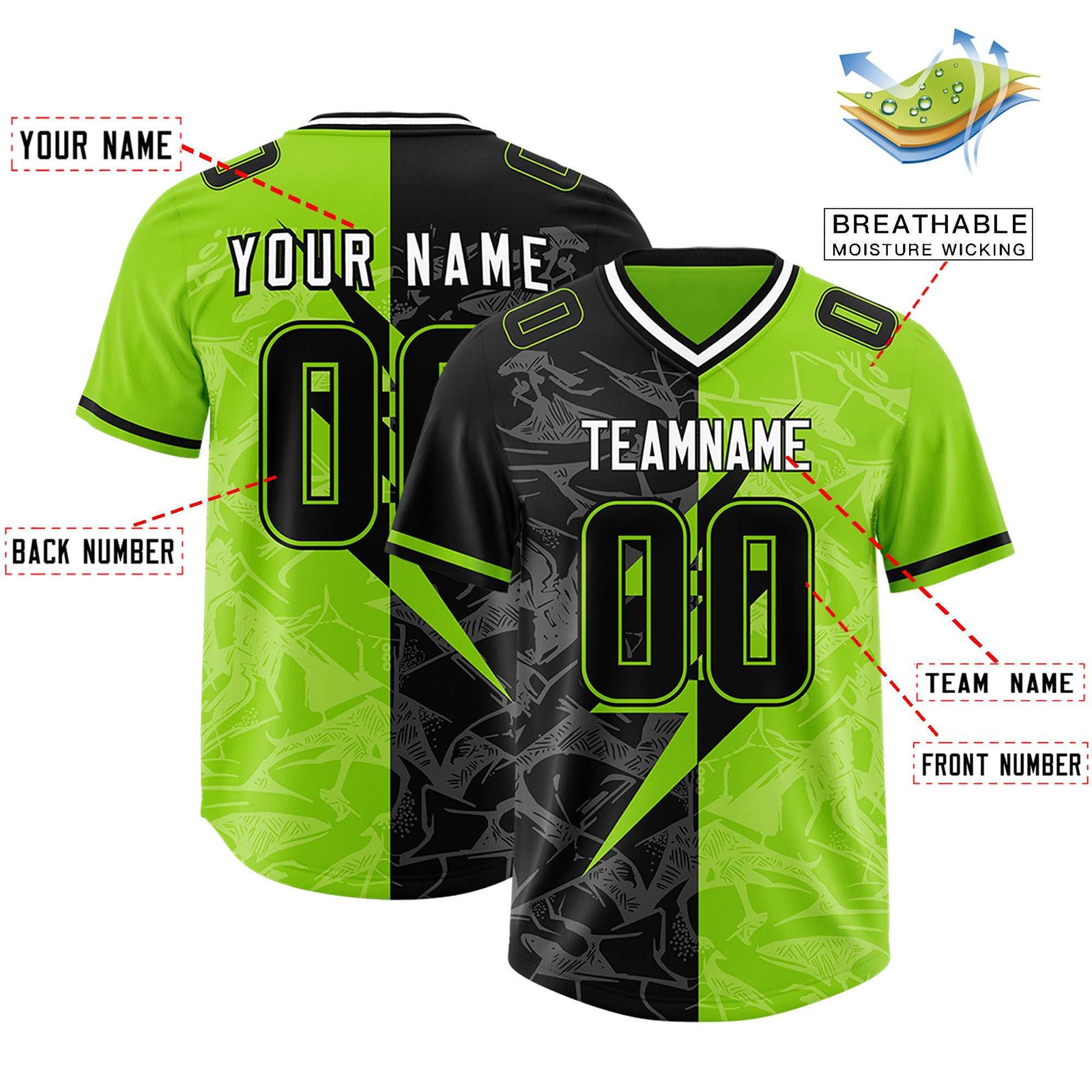 Custom Neon Green Black Split Personalized Lightning Pattern Football Jersey