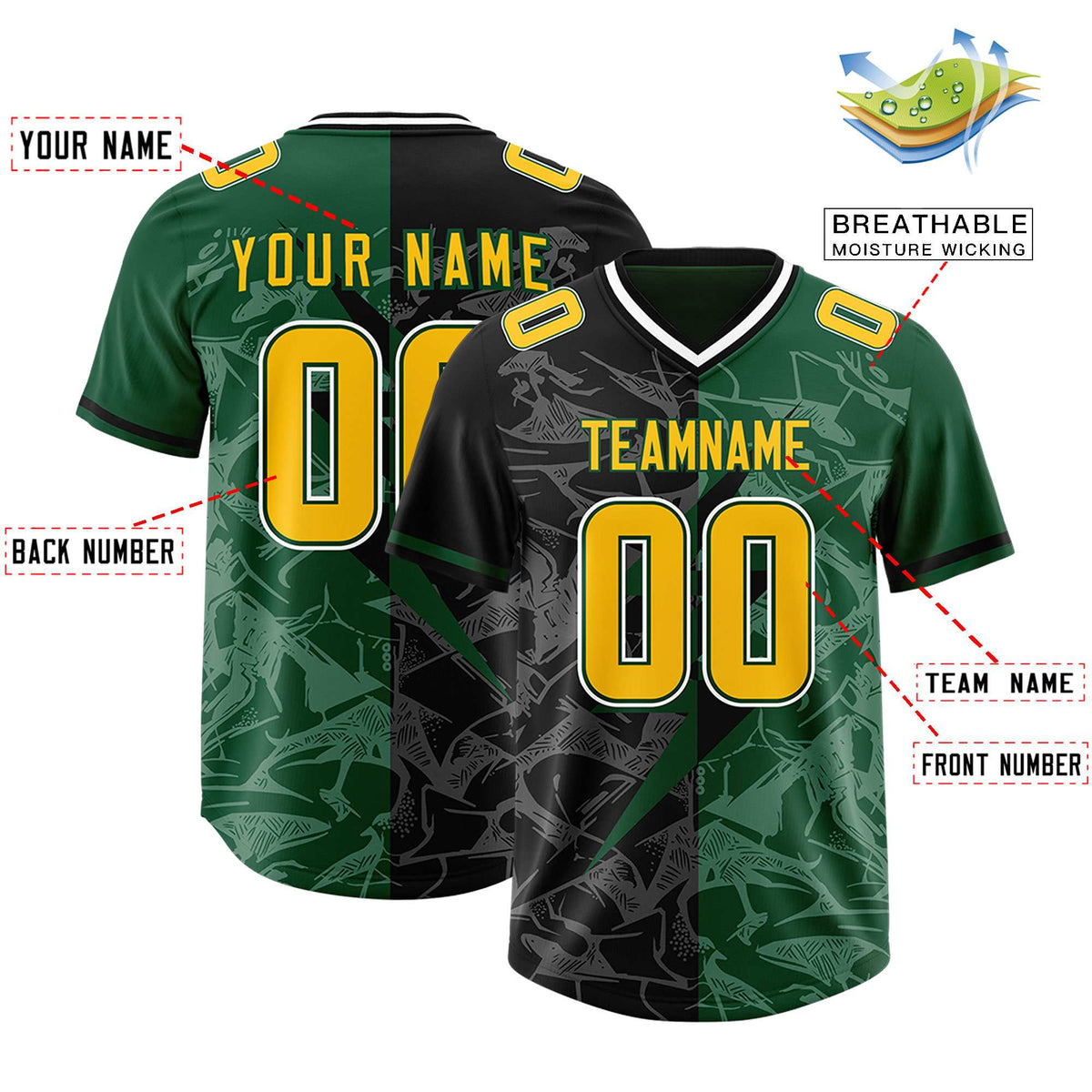 Custom Black Green Split Personalized Lightning Pattern Football Jersey