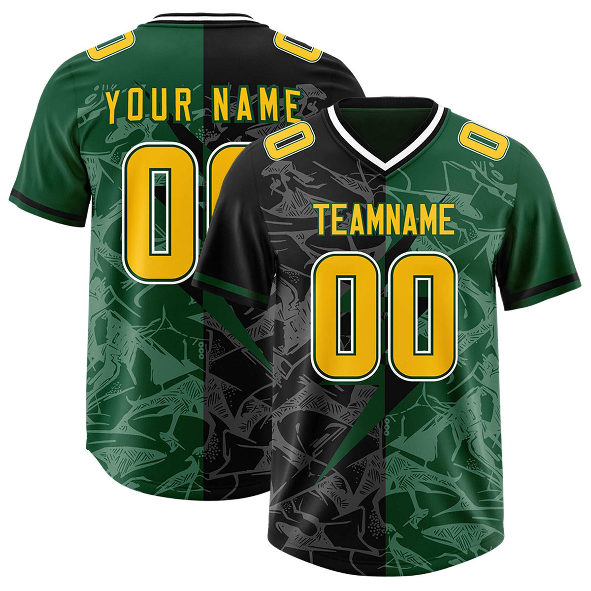 Custom Black Green Split Personalized Lightning Pattern Football Jersey