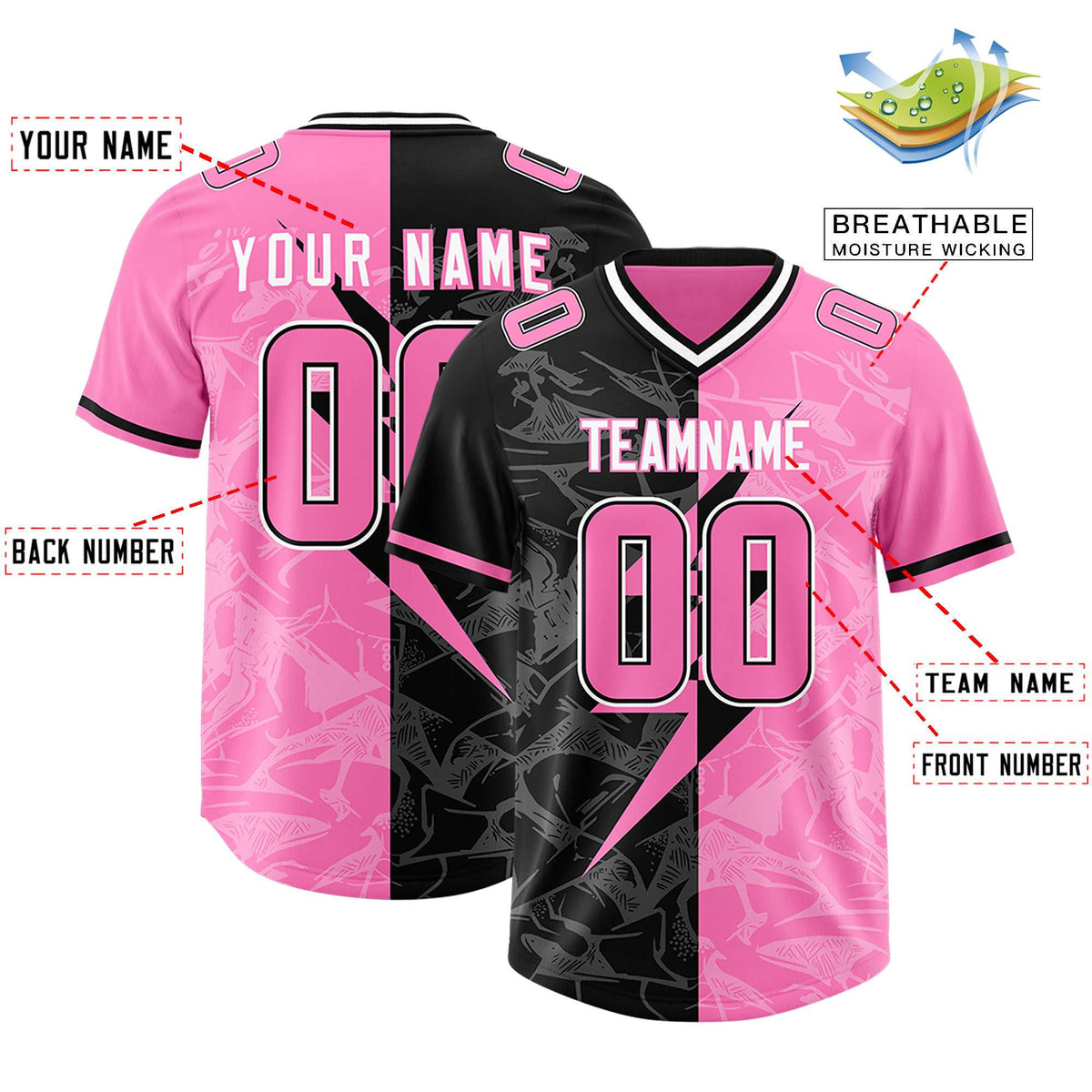 Custom Pink Black Split Personalized Lightning Pattern Football Jersey