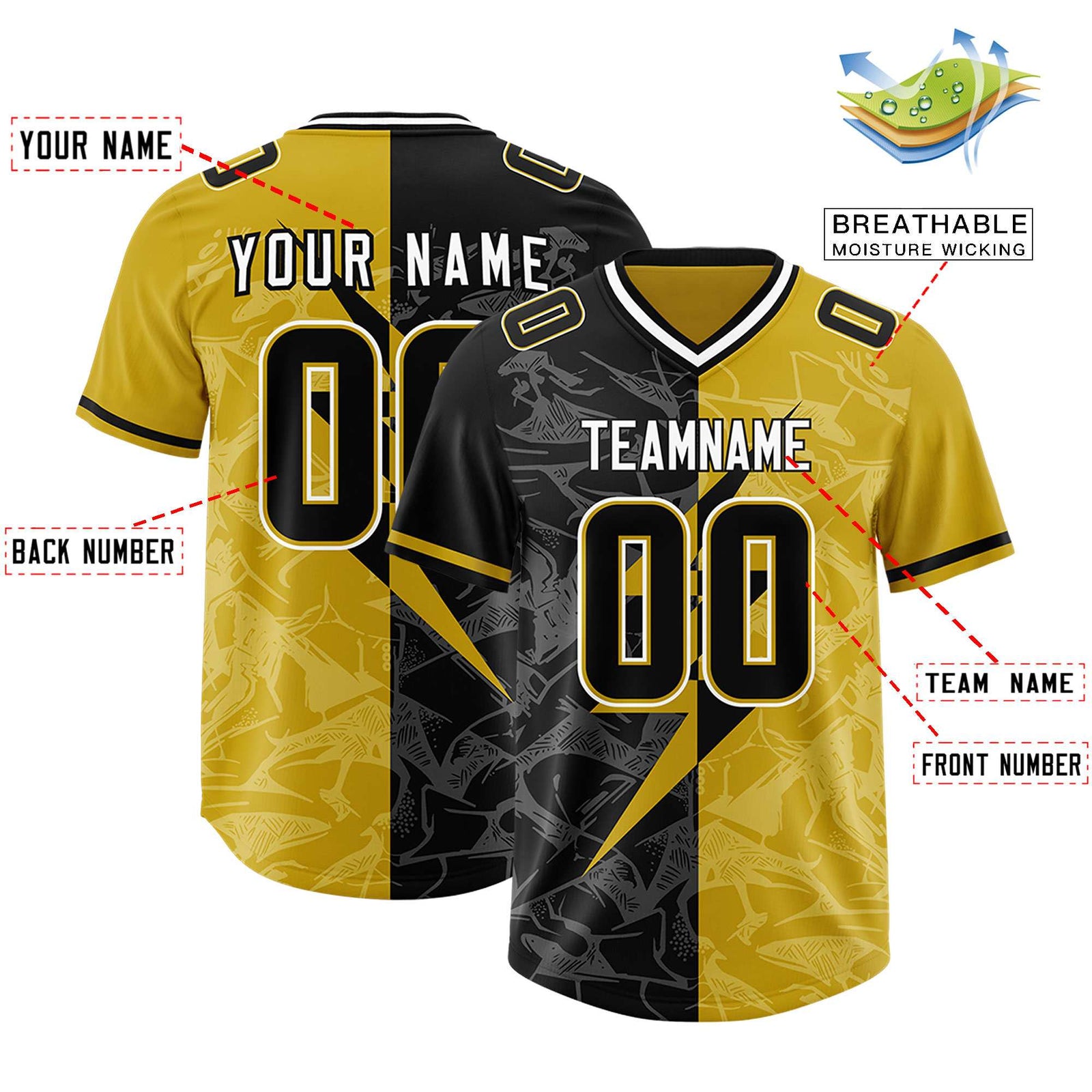 Custom Old Gold Black Split Personalized Lightning Pattern Football Jersey