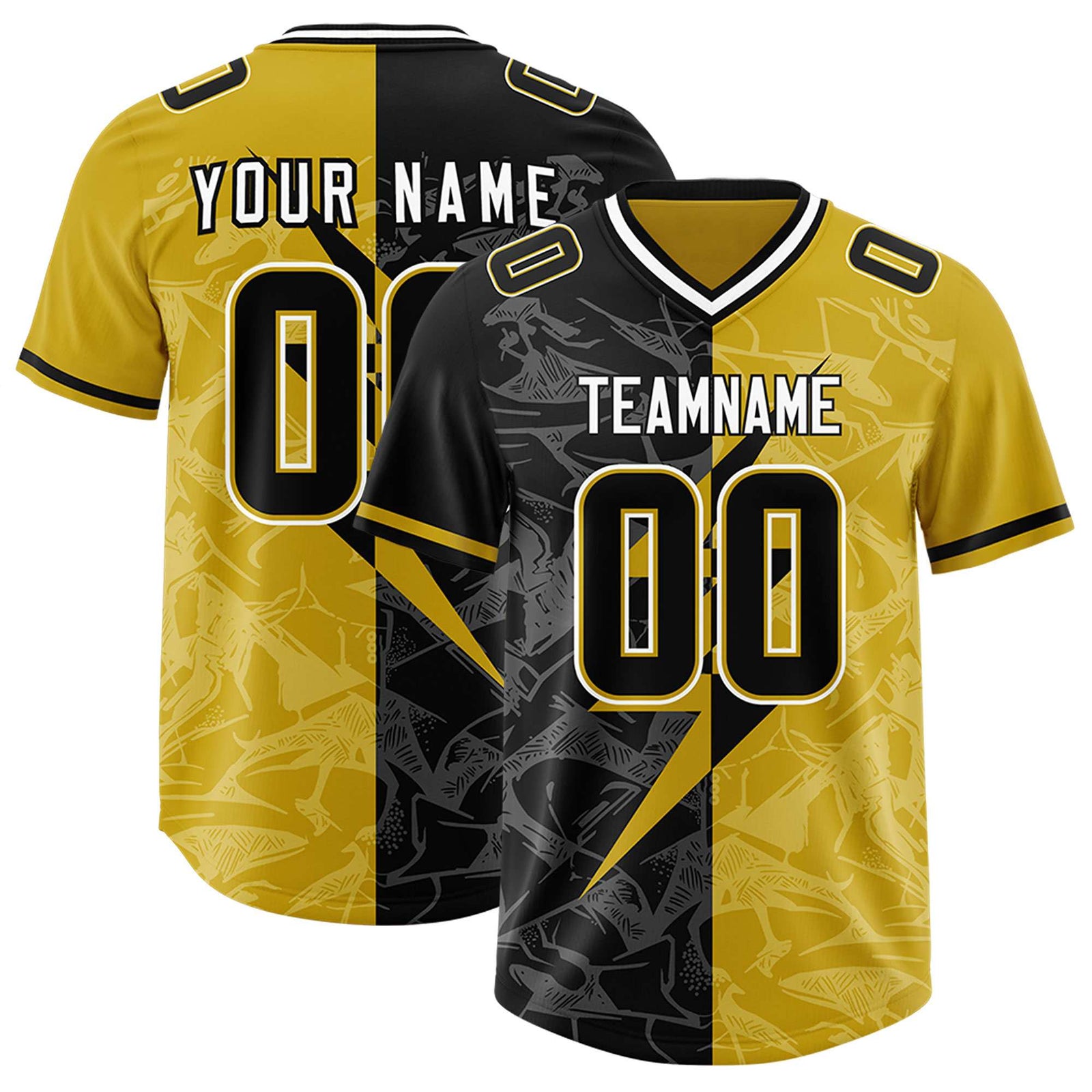Custom Old Gold Black Split Personalized Lightning Pattern Football Jersey