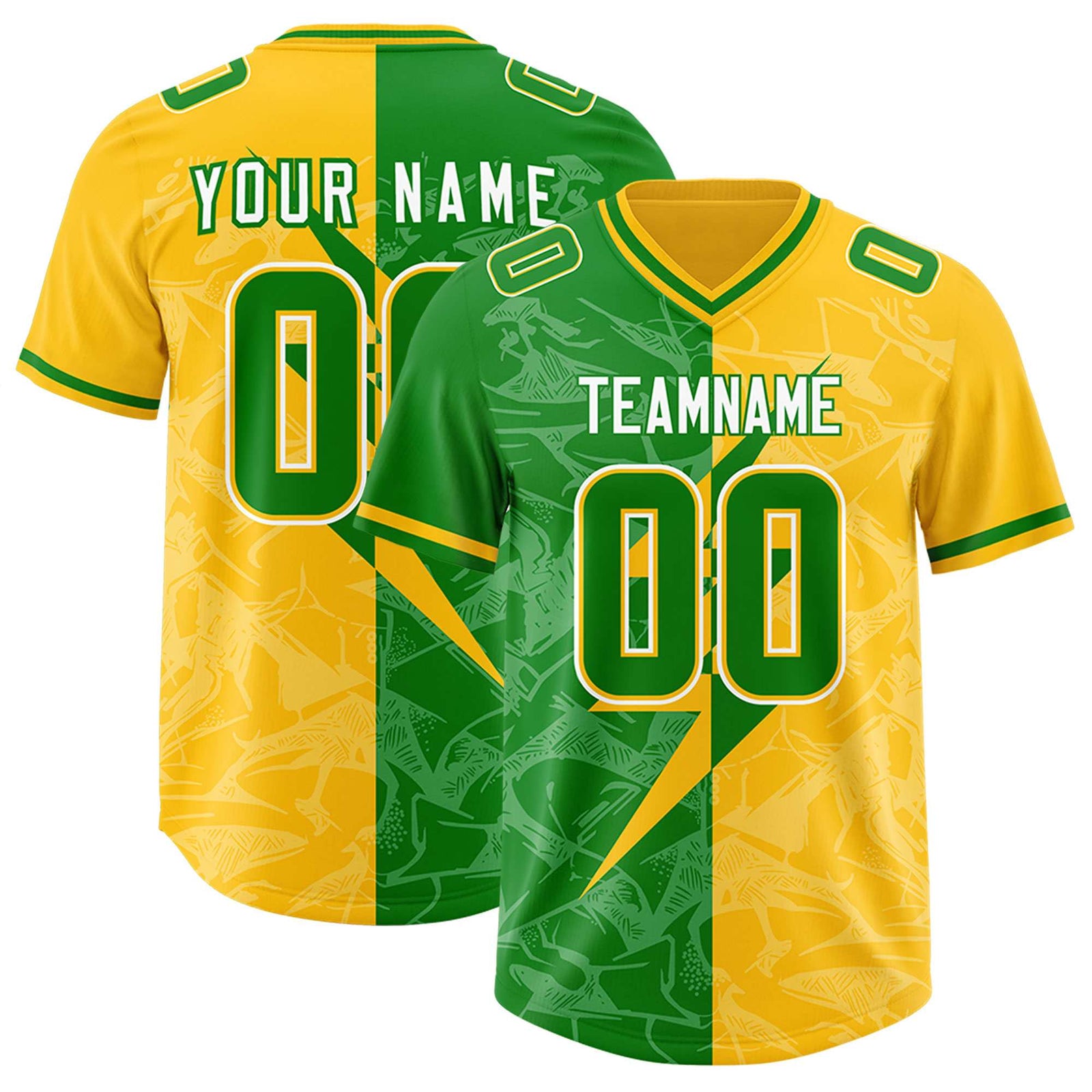 Custom Kelly Green Yellow Split Personalized Lightning Pattern Football Jersey