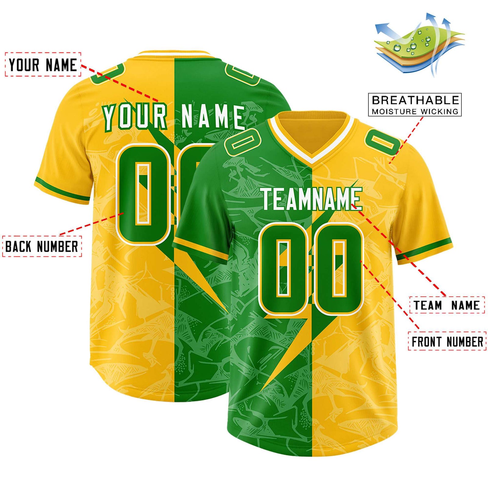 Custom Kelly Green Yellow Split Personalized Lightning Pattern Football Jersey