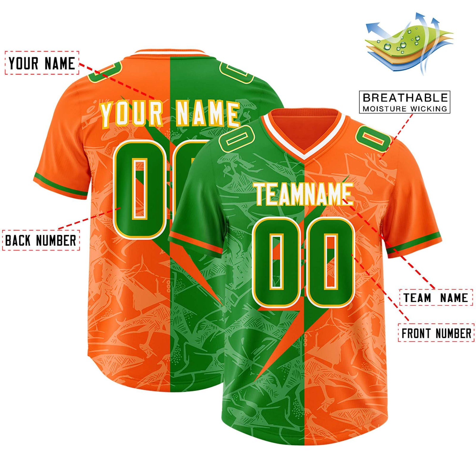 Custom Orange Kelly Green Split Personalized Lightning Pattern Football Jersey