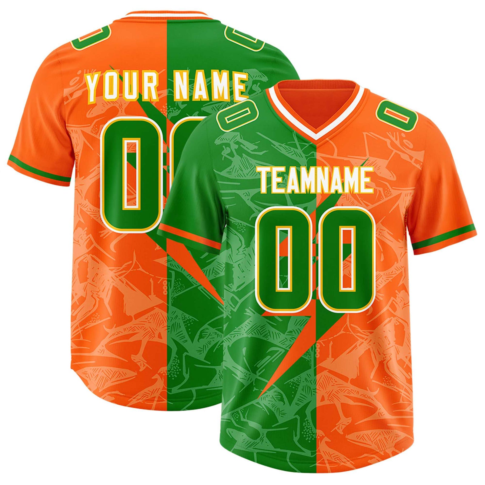 Custom Orange Kelly Green Split Personalized Lightning Pattern Football Jersey